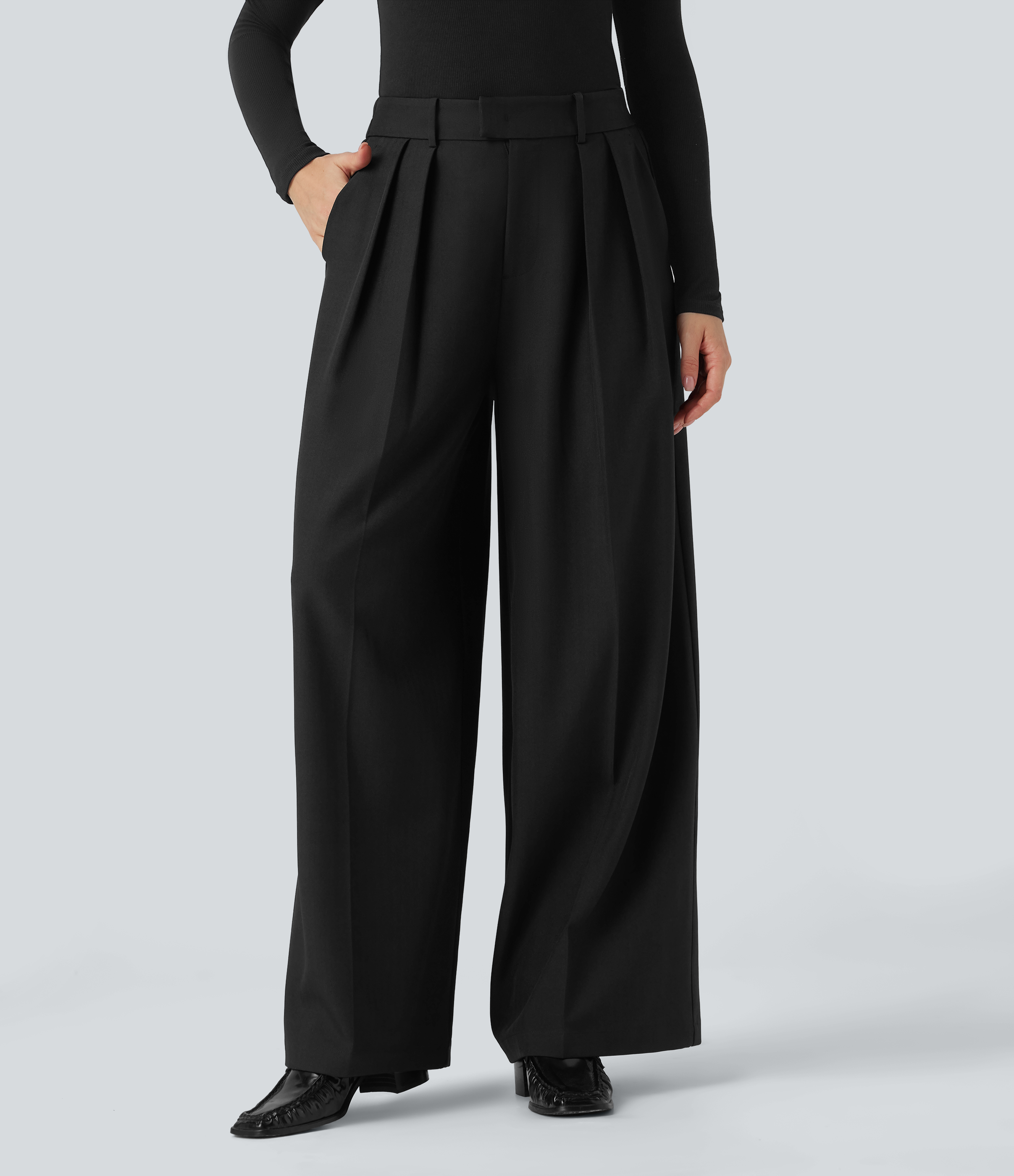 Black High Waisted Wide Leg Work Linen-Feel Pants with Pockets / 2