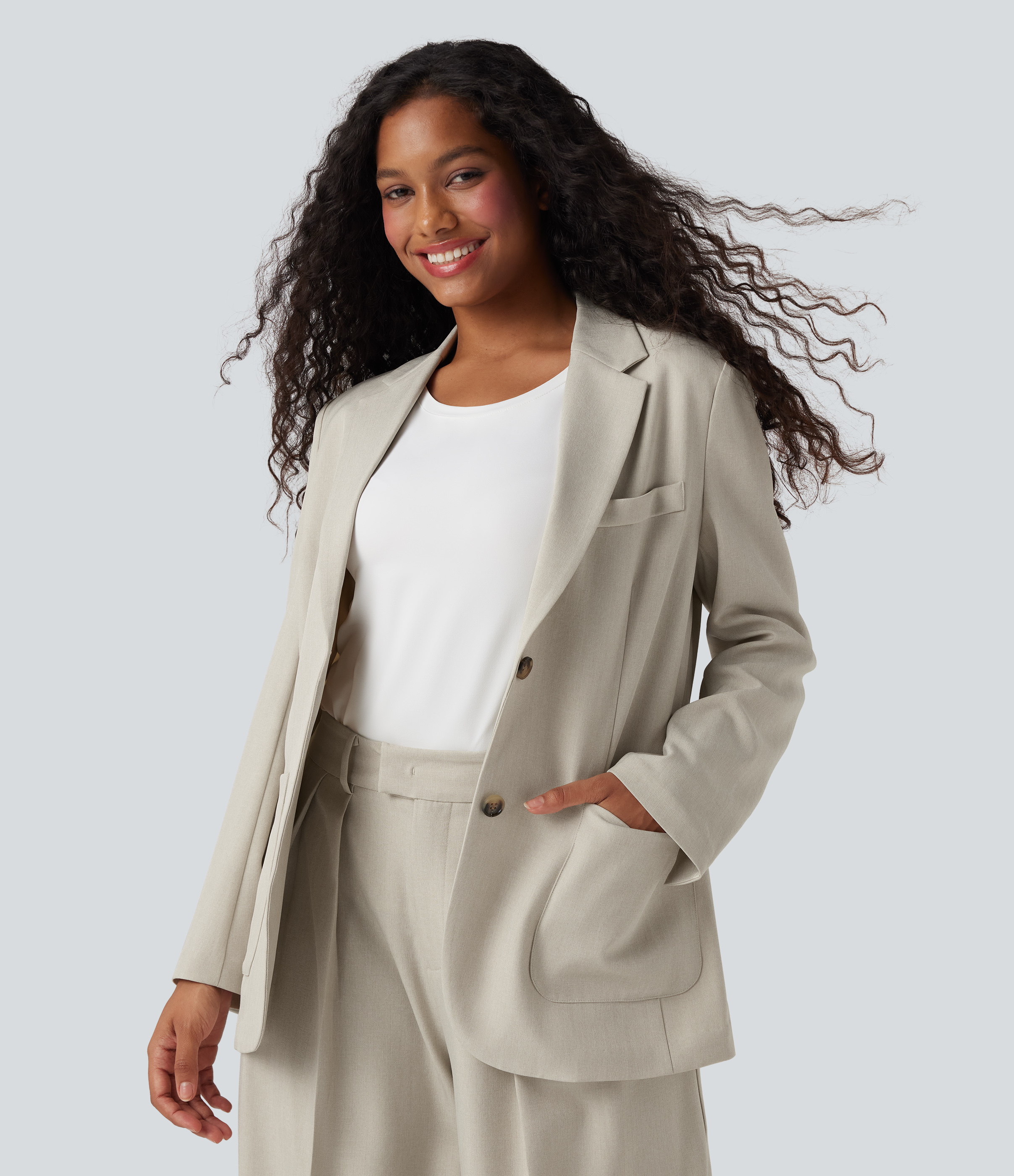 Notched Collar Long Sleeve Work Linen-Feel Blazer with Pockets