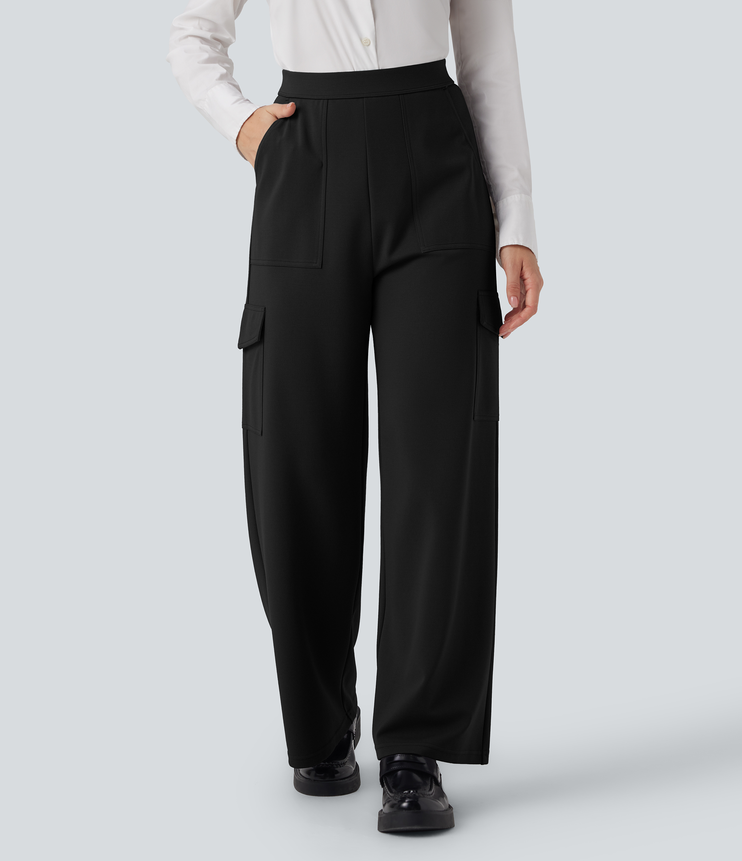 Black Pantalones de oficina cargo Halara Flex™ de tiro alto y pierna recta con bolsillos / 1