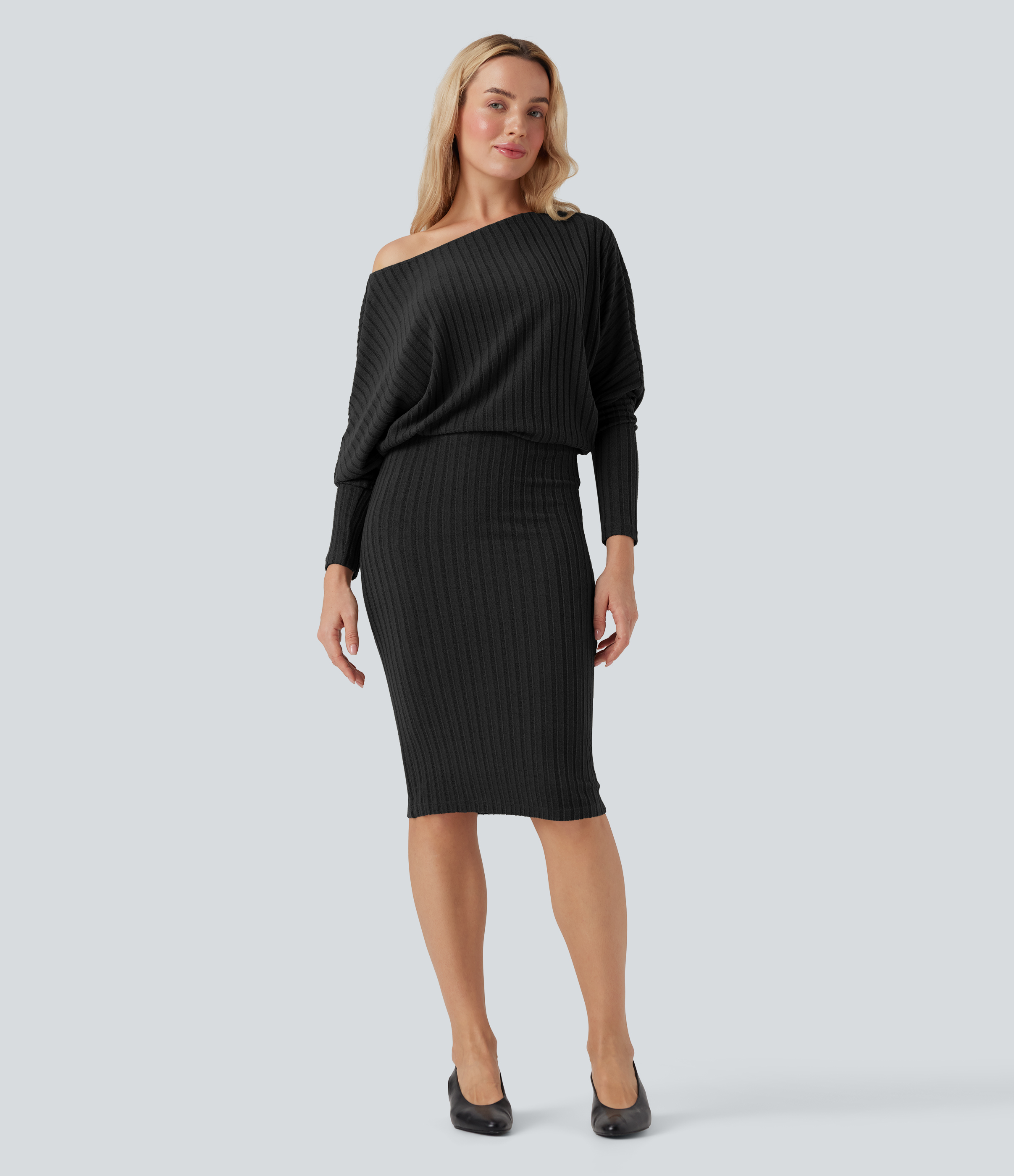 Black Ribbed Knit Off-shoulder Batwing Long Sleeve Bodycon Midi Fleece Casual Dress / 2