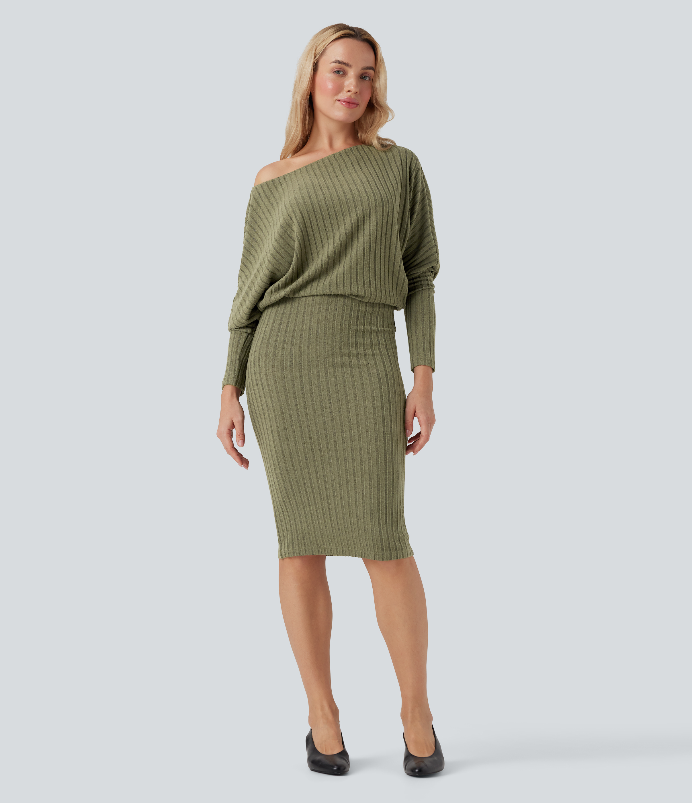 Ribbed Knit Off-shoulder Batwing Long Sleeve Bodycon Midi Casual Dress