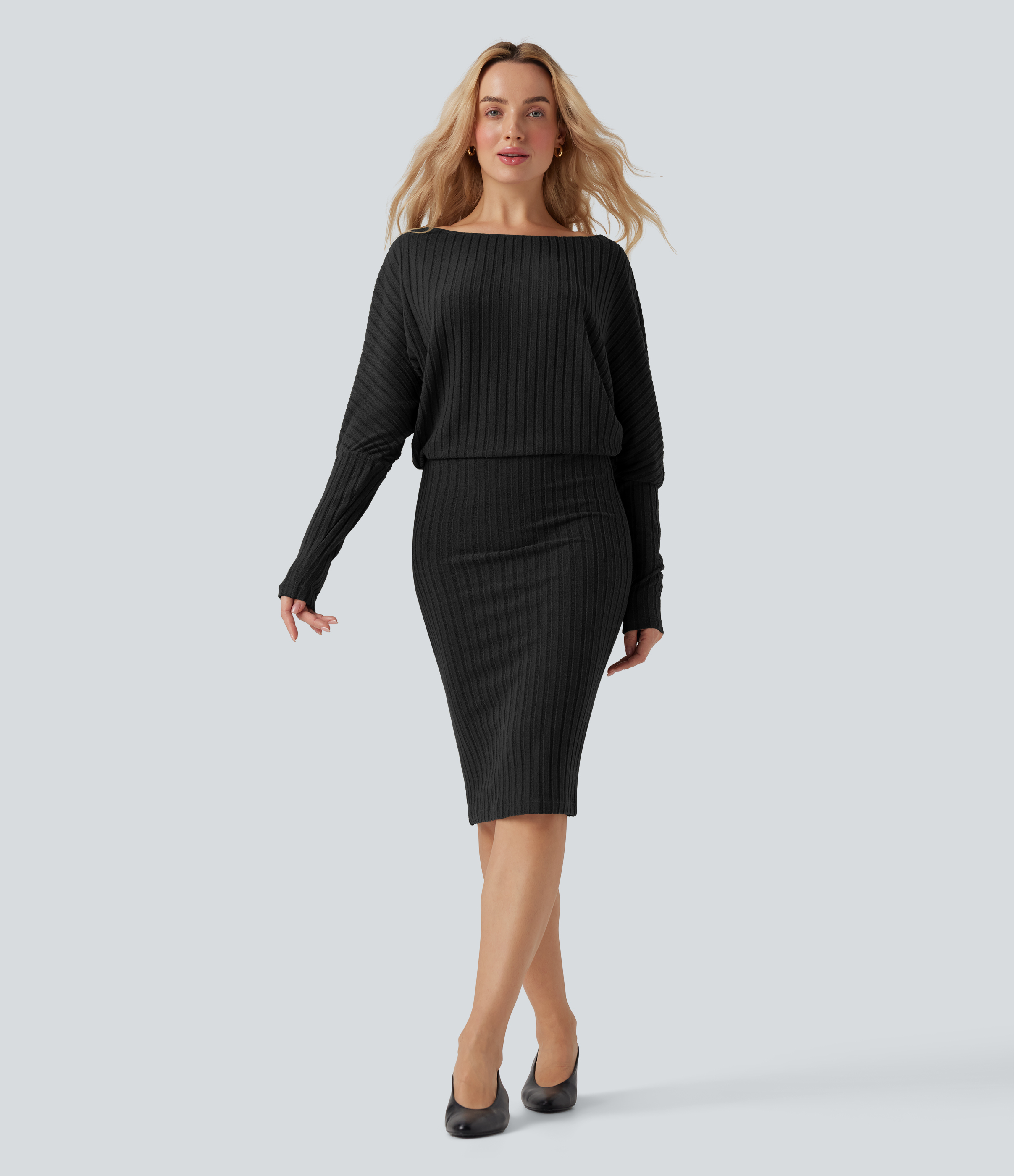 Ribbed Knit Off-shoulder Batwing Long Sleeve Bodycon Midi Fleece Casual Dress