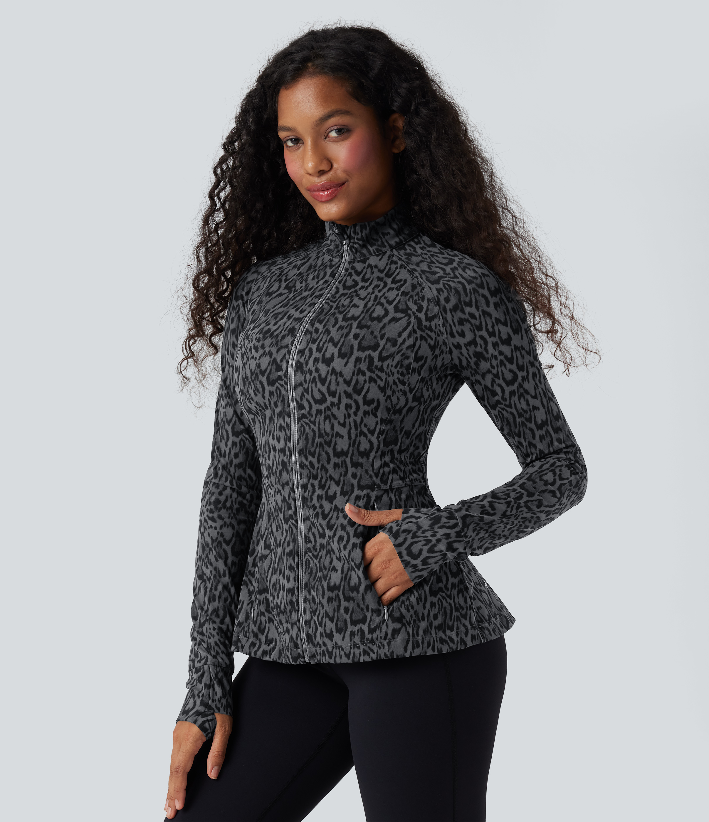 Halara UltraSculpt™ Leopard Print Stand Collar Long Sleeve Thumb Hole Casual Jacket with Pockets