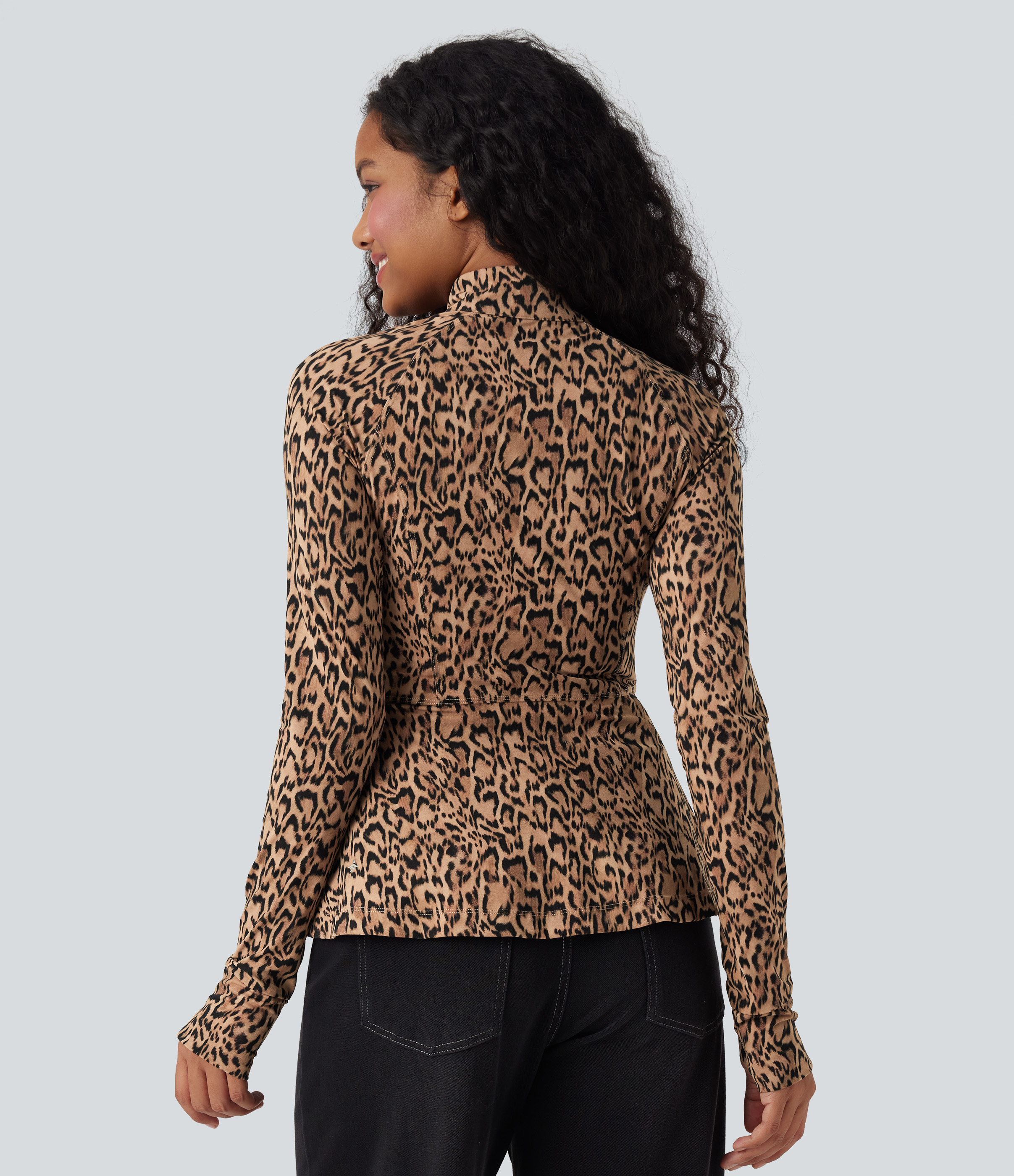 Tan Leopard Halara UltraSculpt™ Leopard Print Stand Collar Long Sleeve Thumb Hole Casual Jacket with Pockets / 2