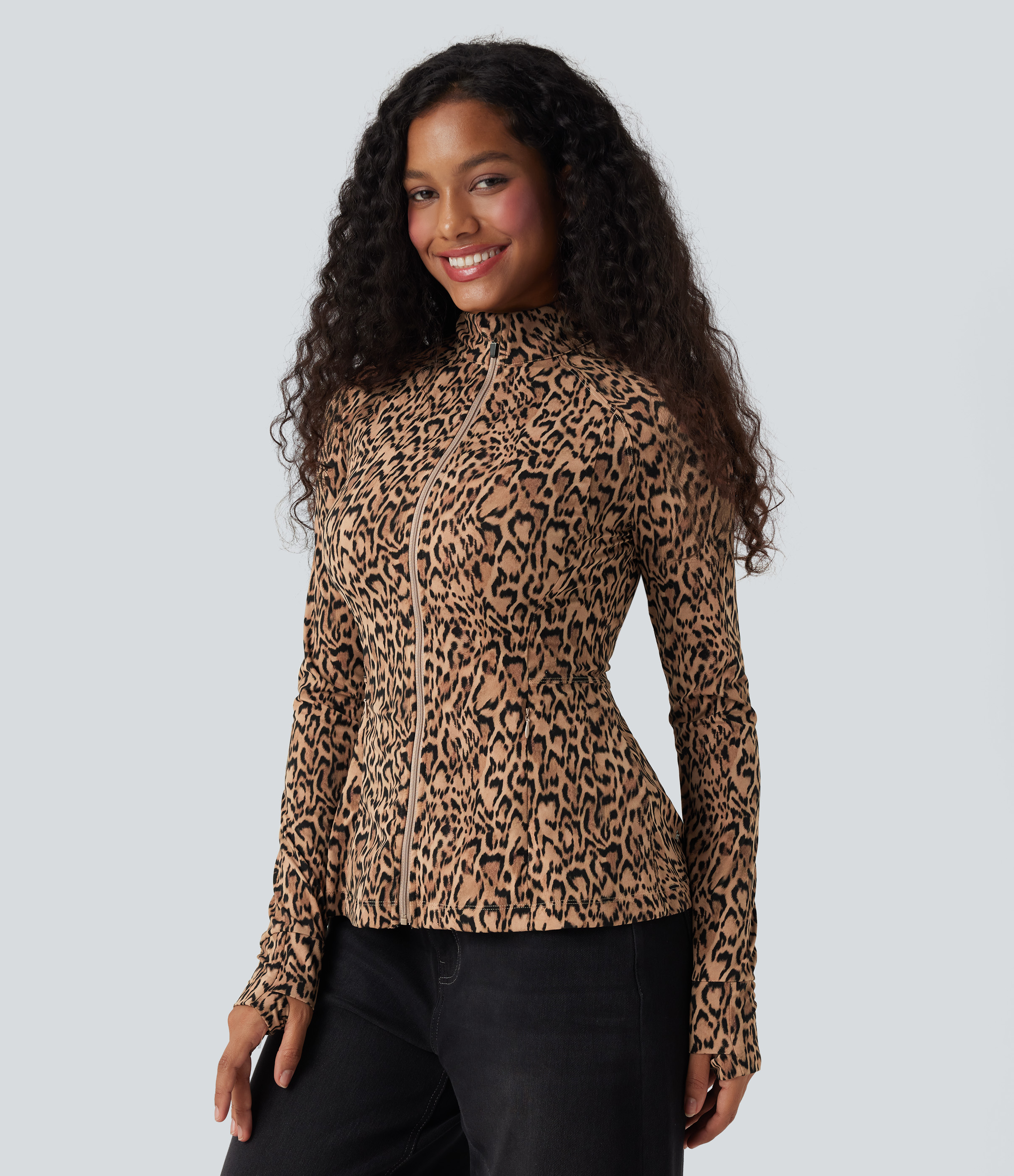 Halara UltraSculpt™ Leopard Print Stand Collar Long Sleeve Thumb Hole Casual Jacket with Pockets