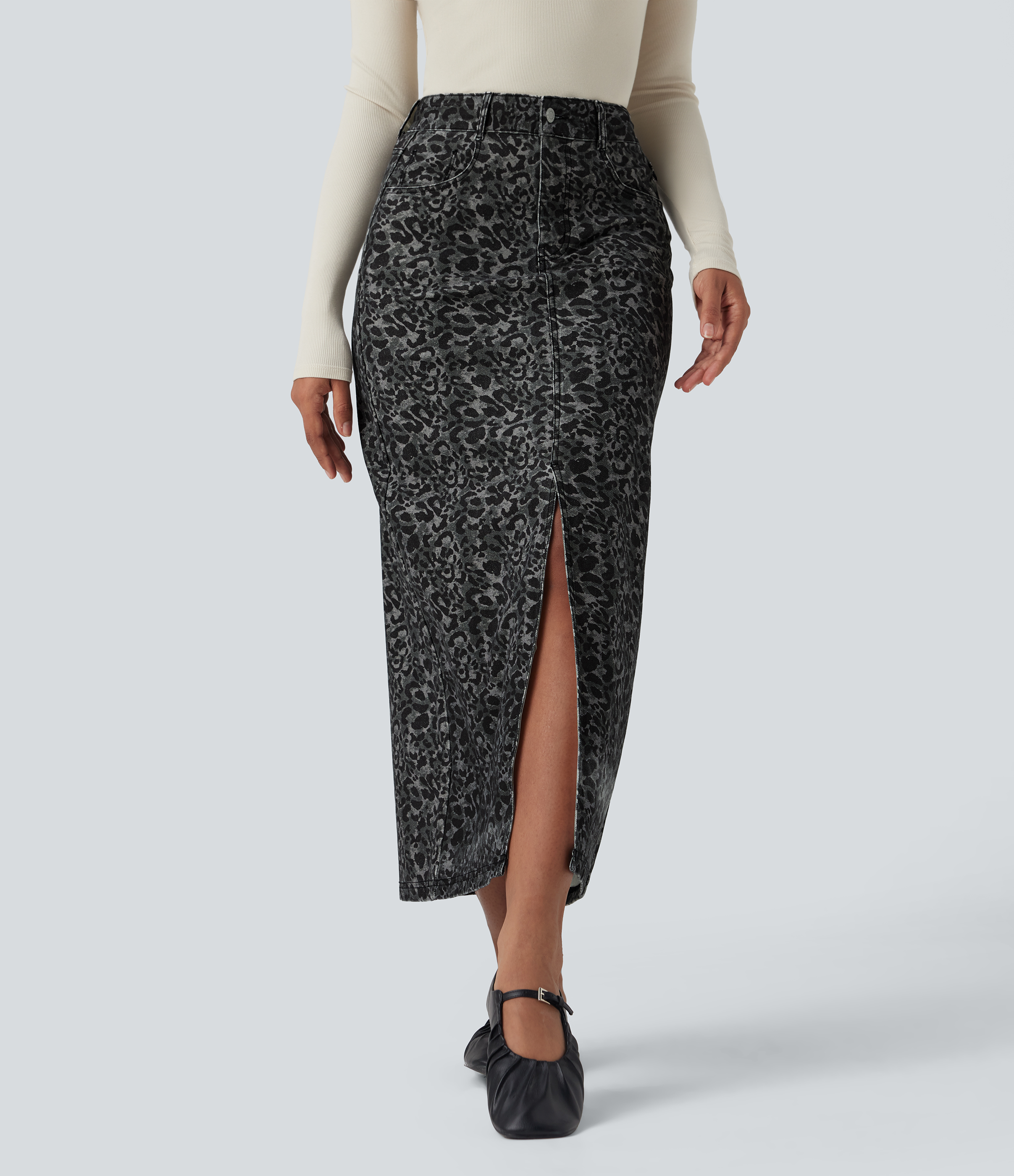 Halara Flex™ Leoprd Print High Waisted Split Straight Denim Casual Skirt with Pockets