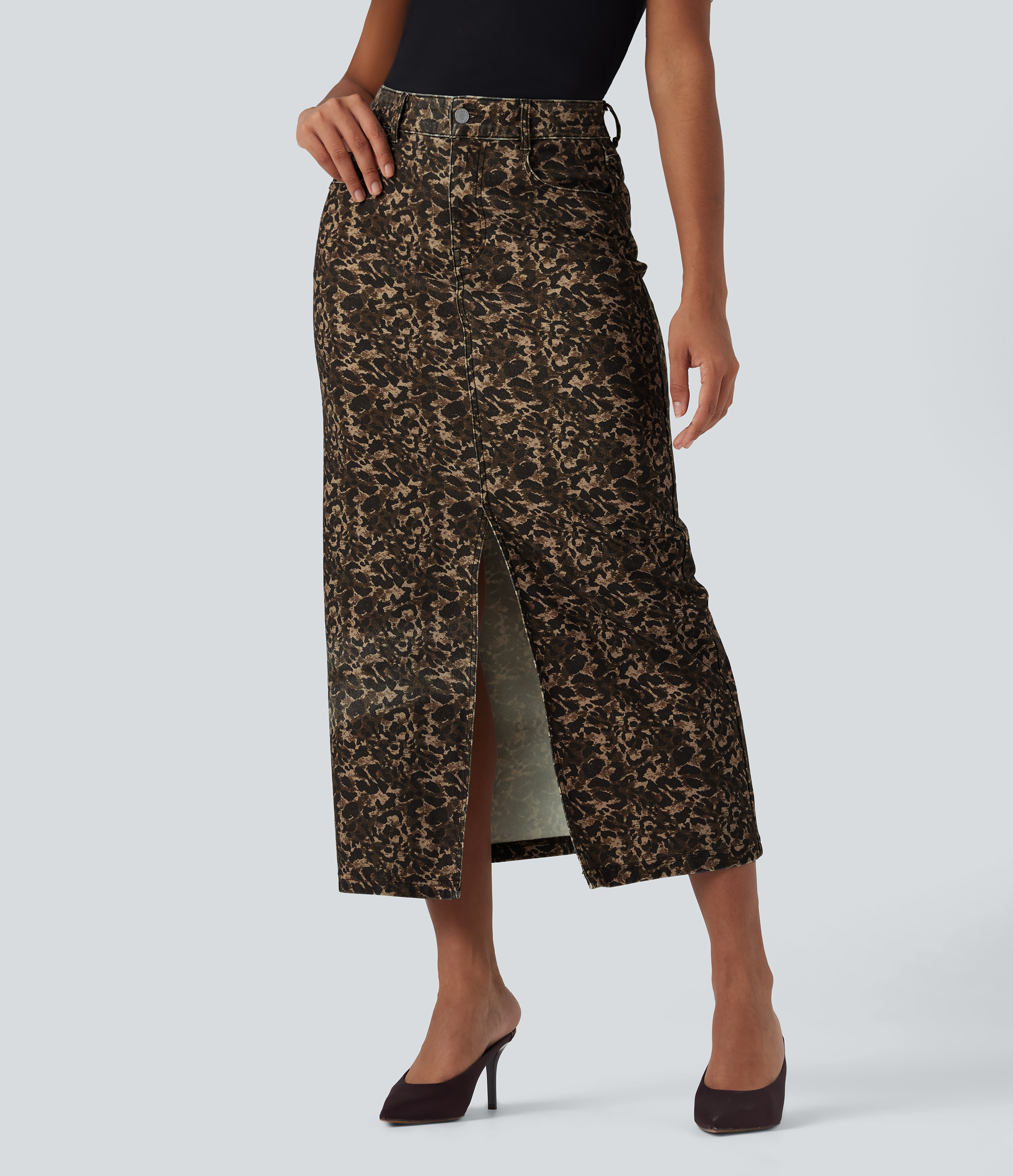 Halara Flex™ Lässiger Jeansrock mit hohem Bund, Taschen, geteiltem und geradem Schnitt