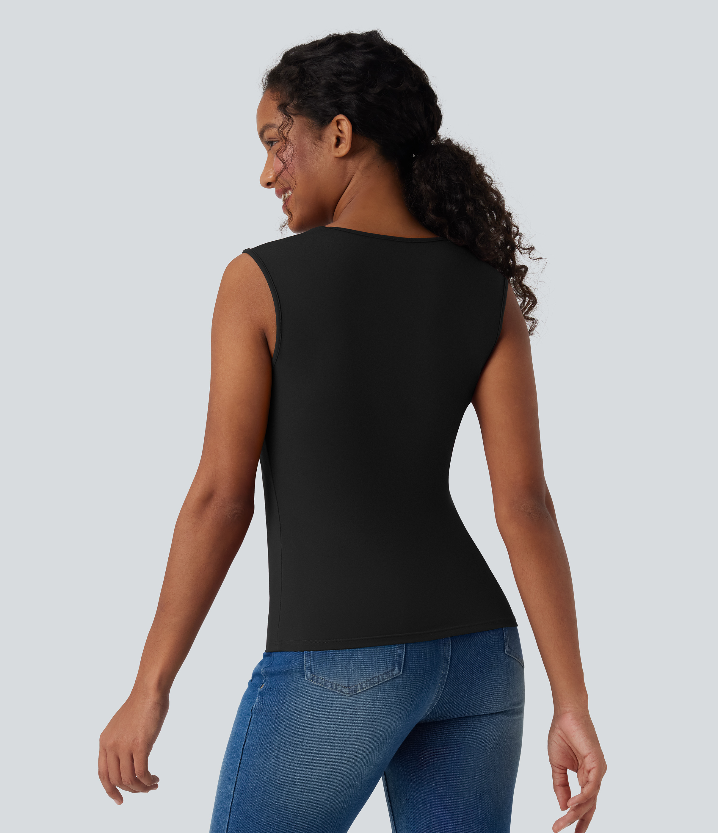 Negro Top casual sin mangas con cuello redondo / 2