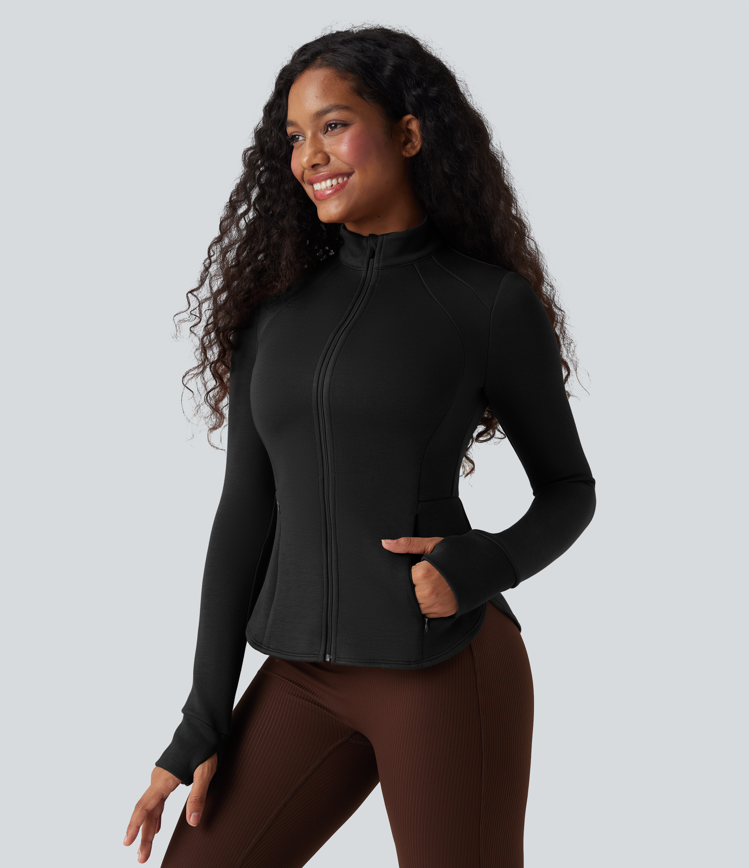 SpacerTek™ Stand Collar Reglan Long Sleeve Thumb Holes Workout Jacket