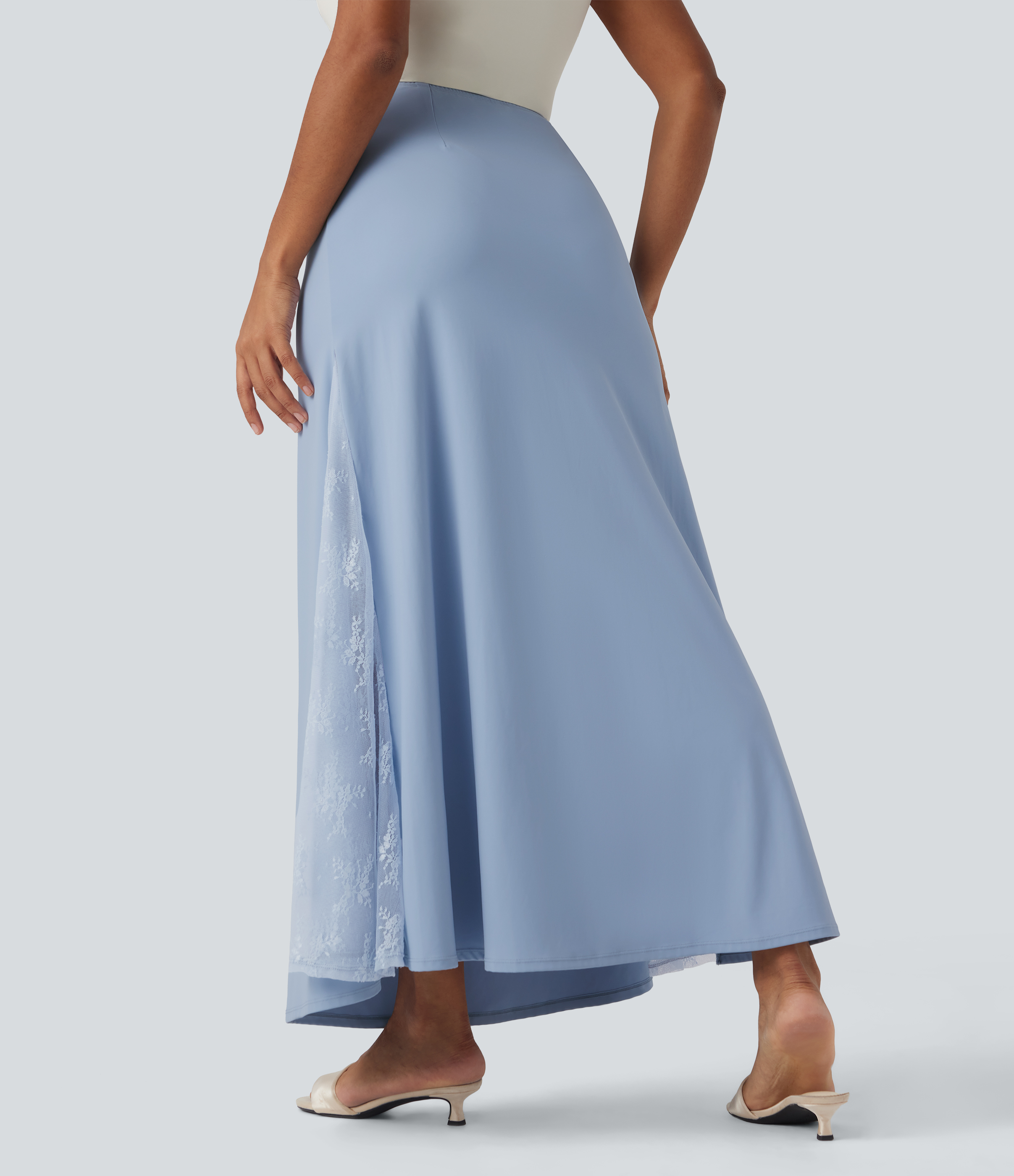 Light Grey Blue Falda larga SoftlyZero™ Airy de tiro alto con encaje en contraste y tacto fresco / 2