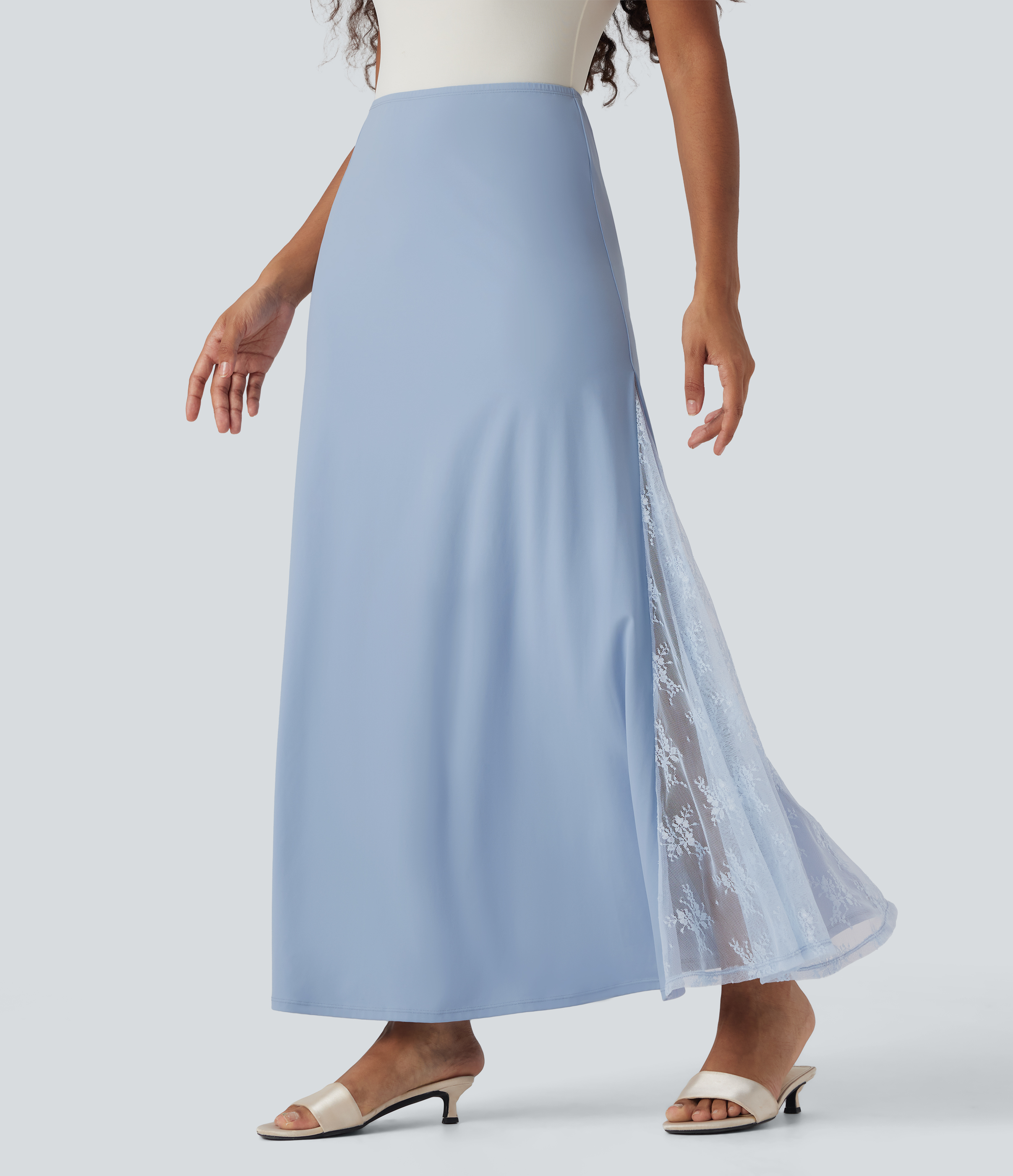 Jupe longue fluide SoftlyZero™ Airy taille haute dentelle contrastante toucher frais