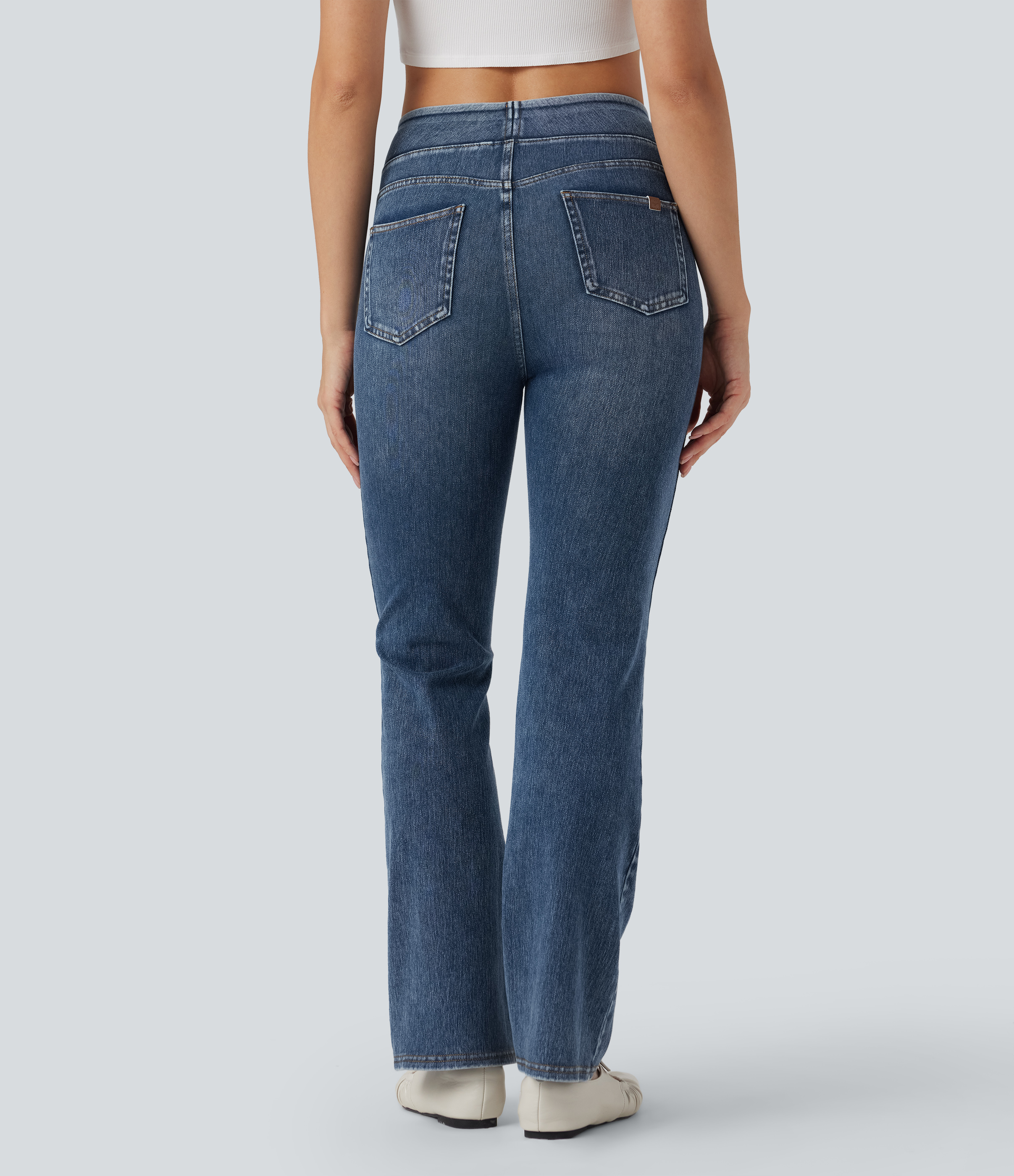 Tide Blue Denim Halara Flex™ Jean évasé casual délavé taille haute gainant avec poches / 2