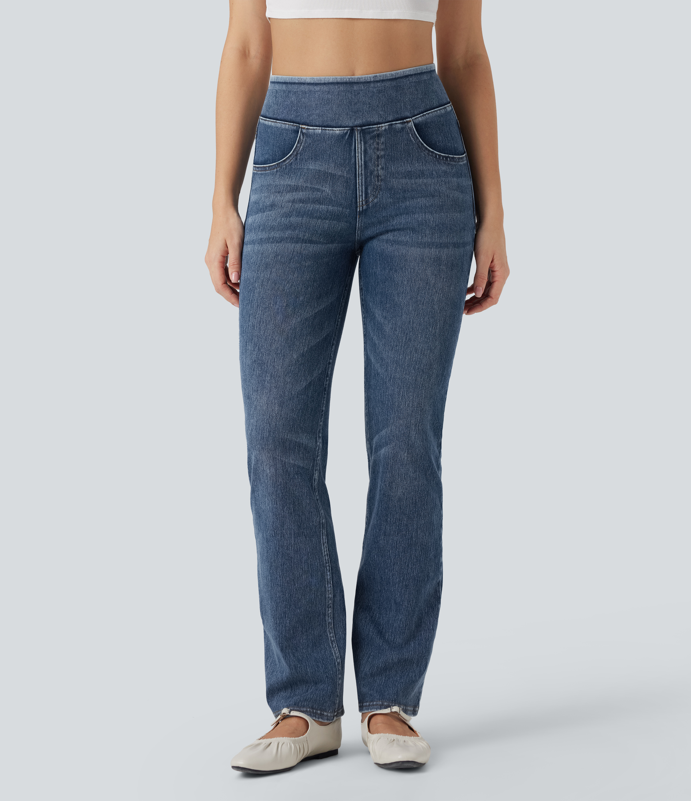 Halara Flex™ Jean évasé casual délavé taille haute gainant avec poches