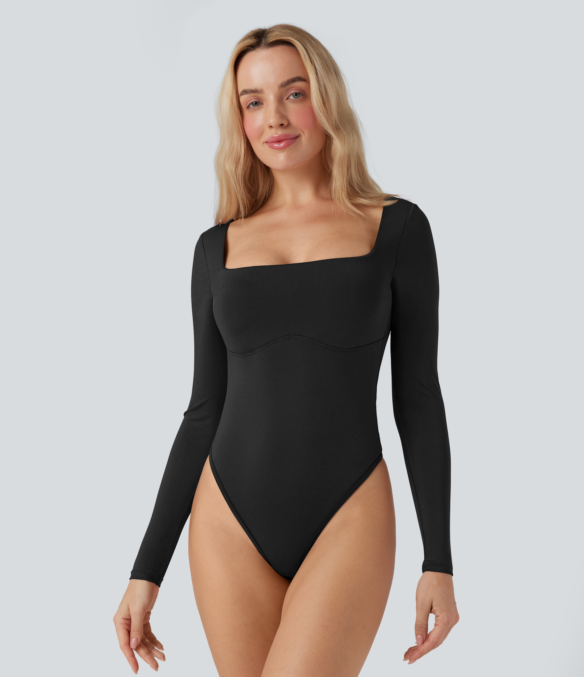 Square Neck Long Sleeve Built-in Bra Skinny Work Bodysuit