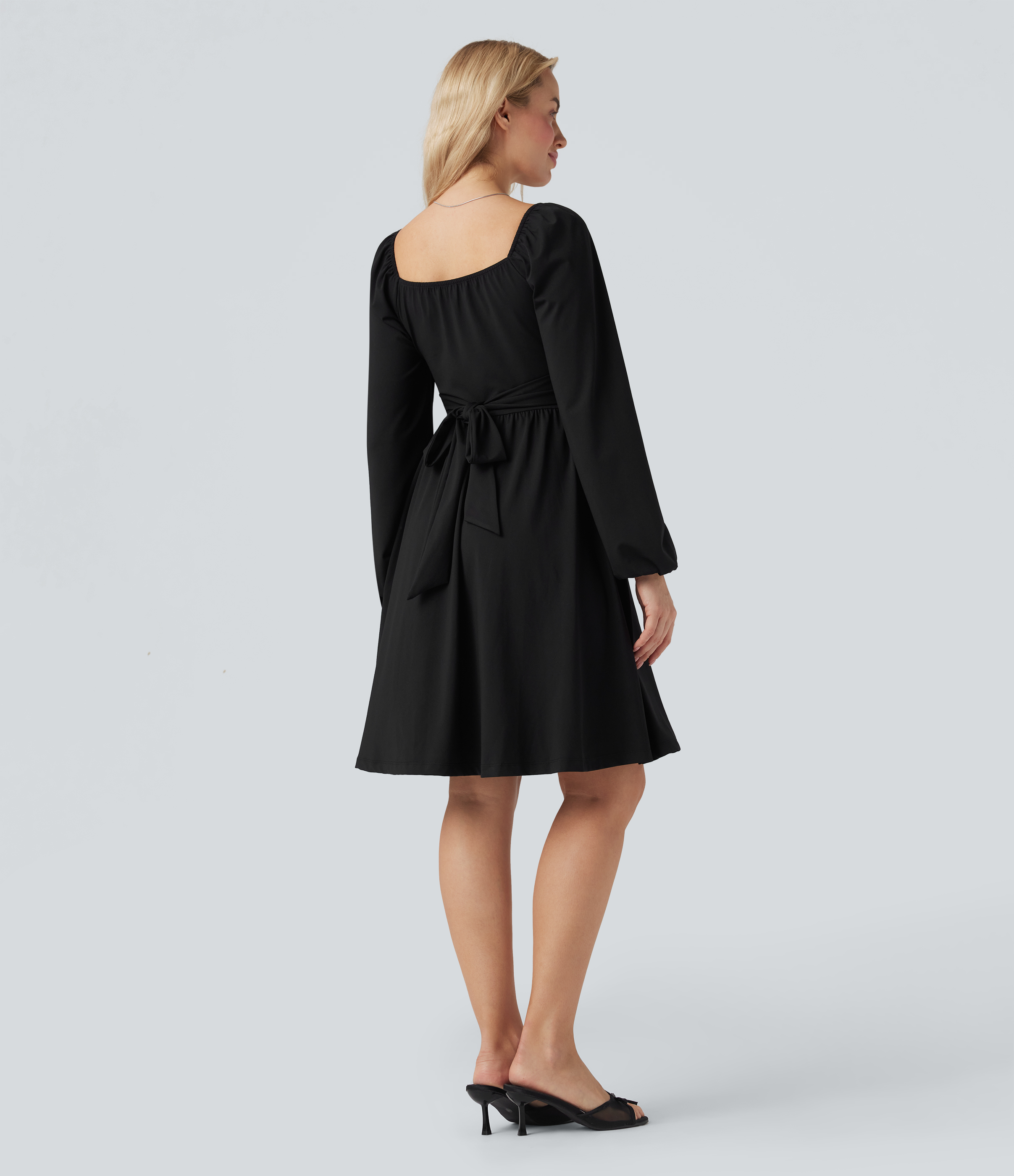 Negro Vestido mini casual con cuello cuadrado de manga larga con encaje, corsé y lazo en la espalda / 2