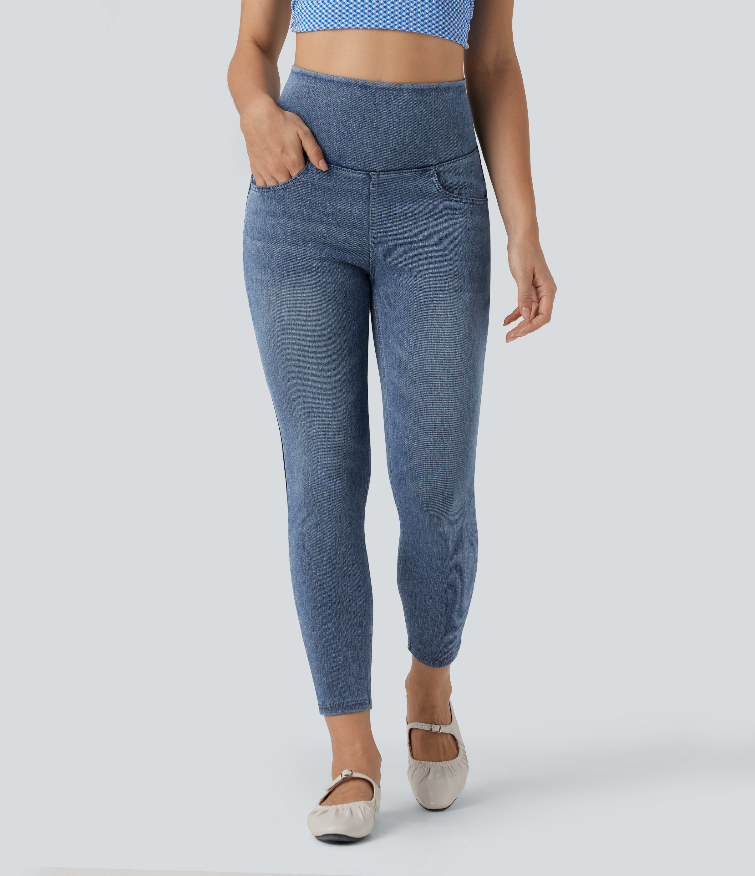 Blue Jasper Denim Jeans casuales Halara Flex™ ajustados de 7/8 con tiro alto cruzado con bolsillos / 2