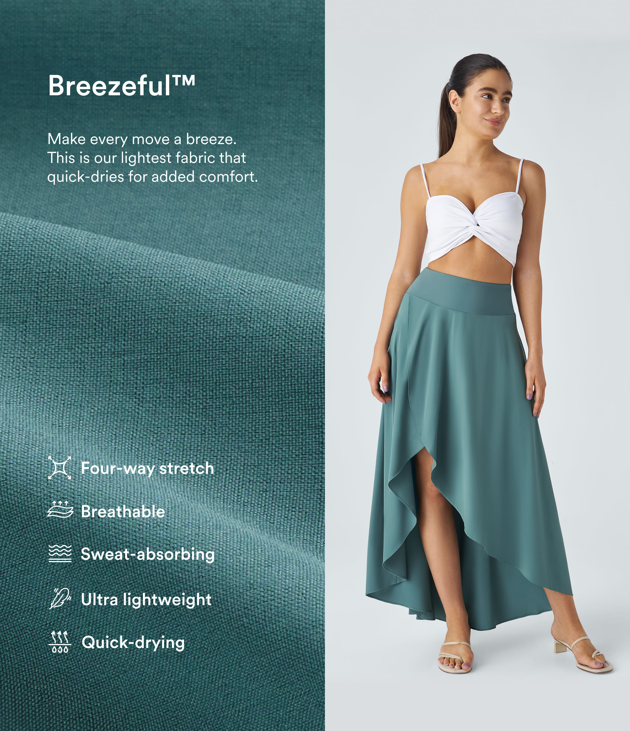 Stone Blue Breezeful™ Yüksek bel, high-low kesimli volanlı 2'si 1 arada, bol dökümlü, hızlı kuruyan, günlük standart kesim maxi etek / 2