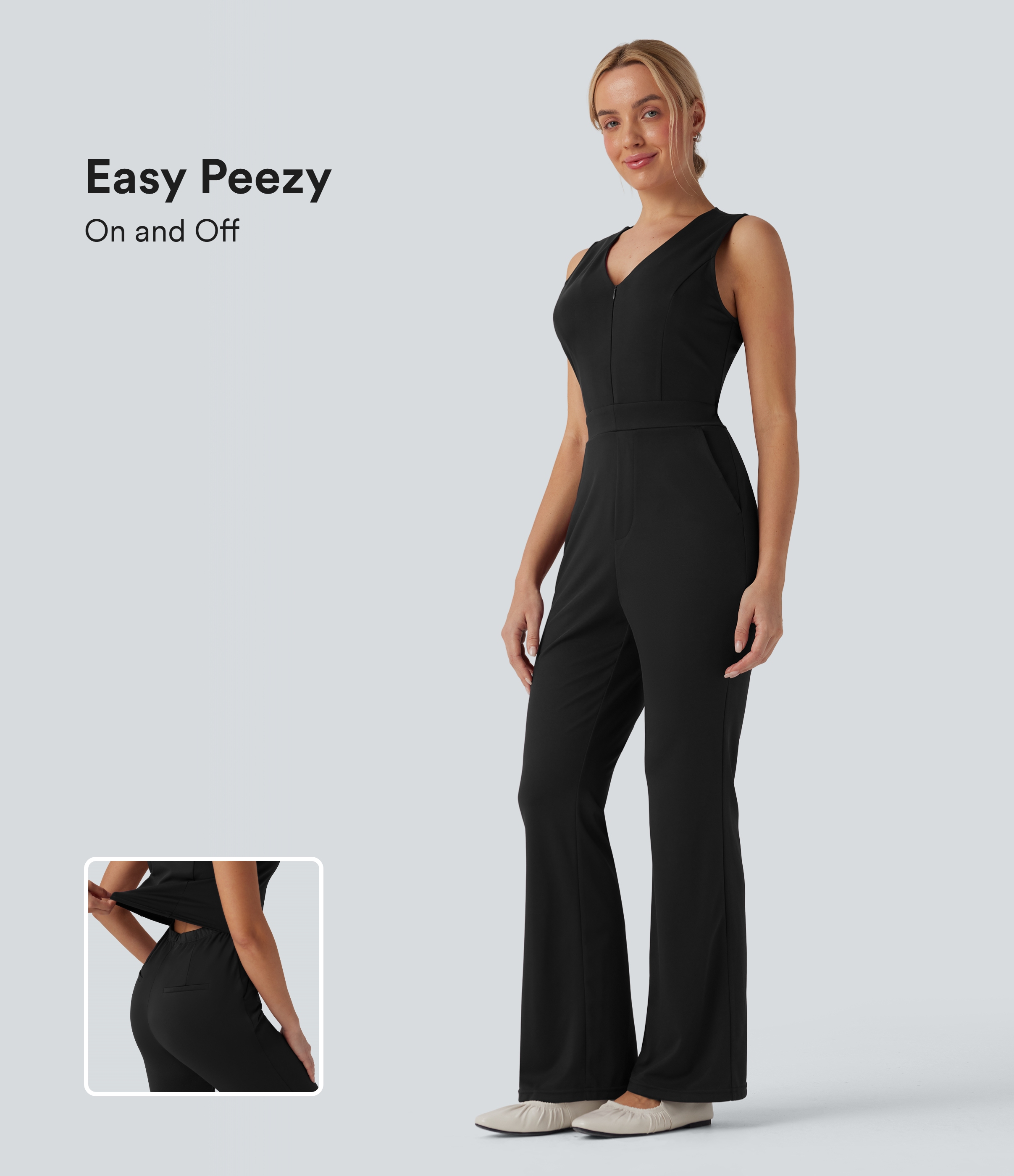Black V Neck Sleeveless Casual Bootcut Jumpsuit with Pockets-Easy Peezy Edition / 1
