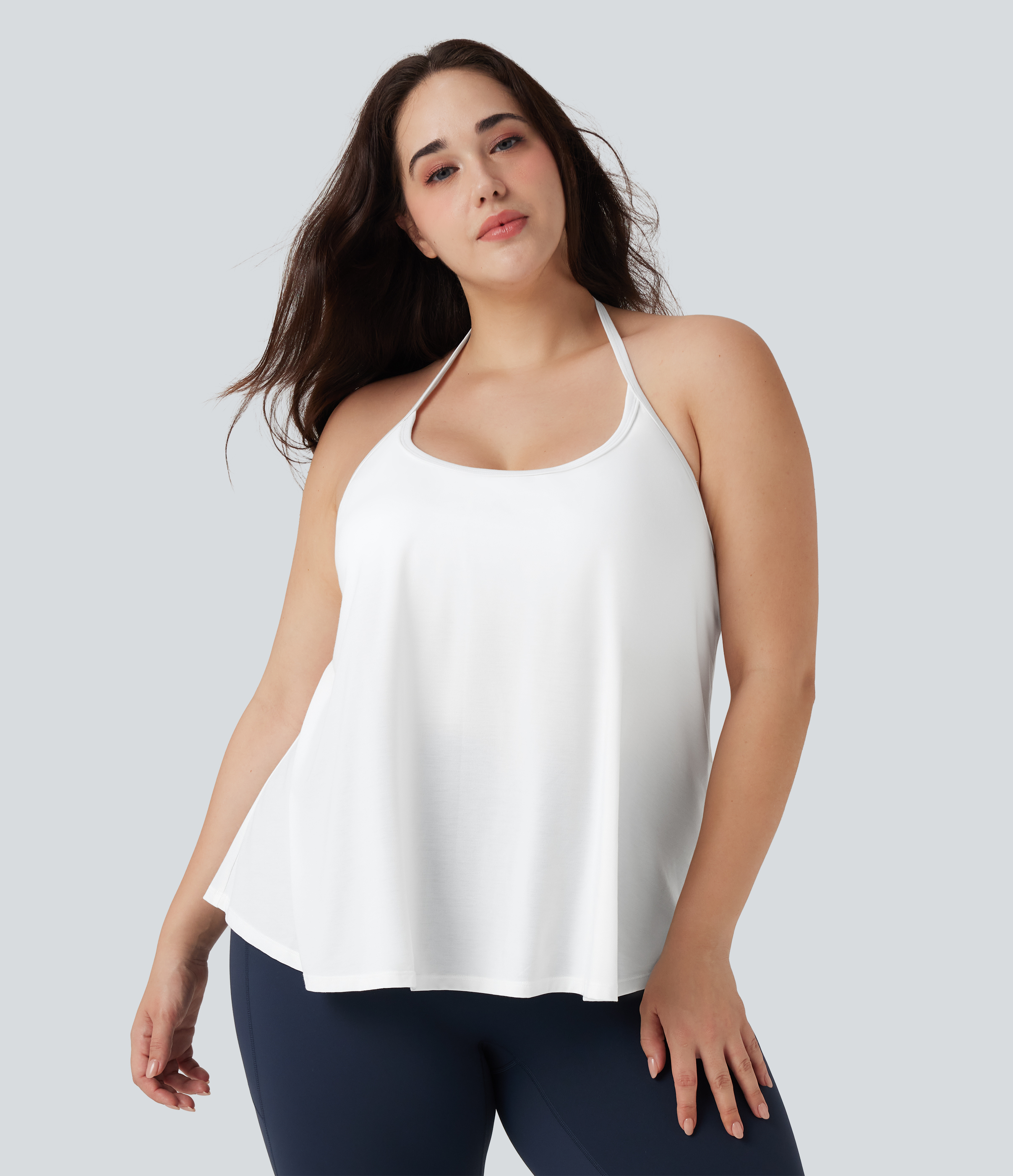 White Plus Size SoftlyZero™ Airy Halter Draped InstantCool Yoga Sports Top / 2