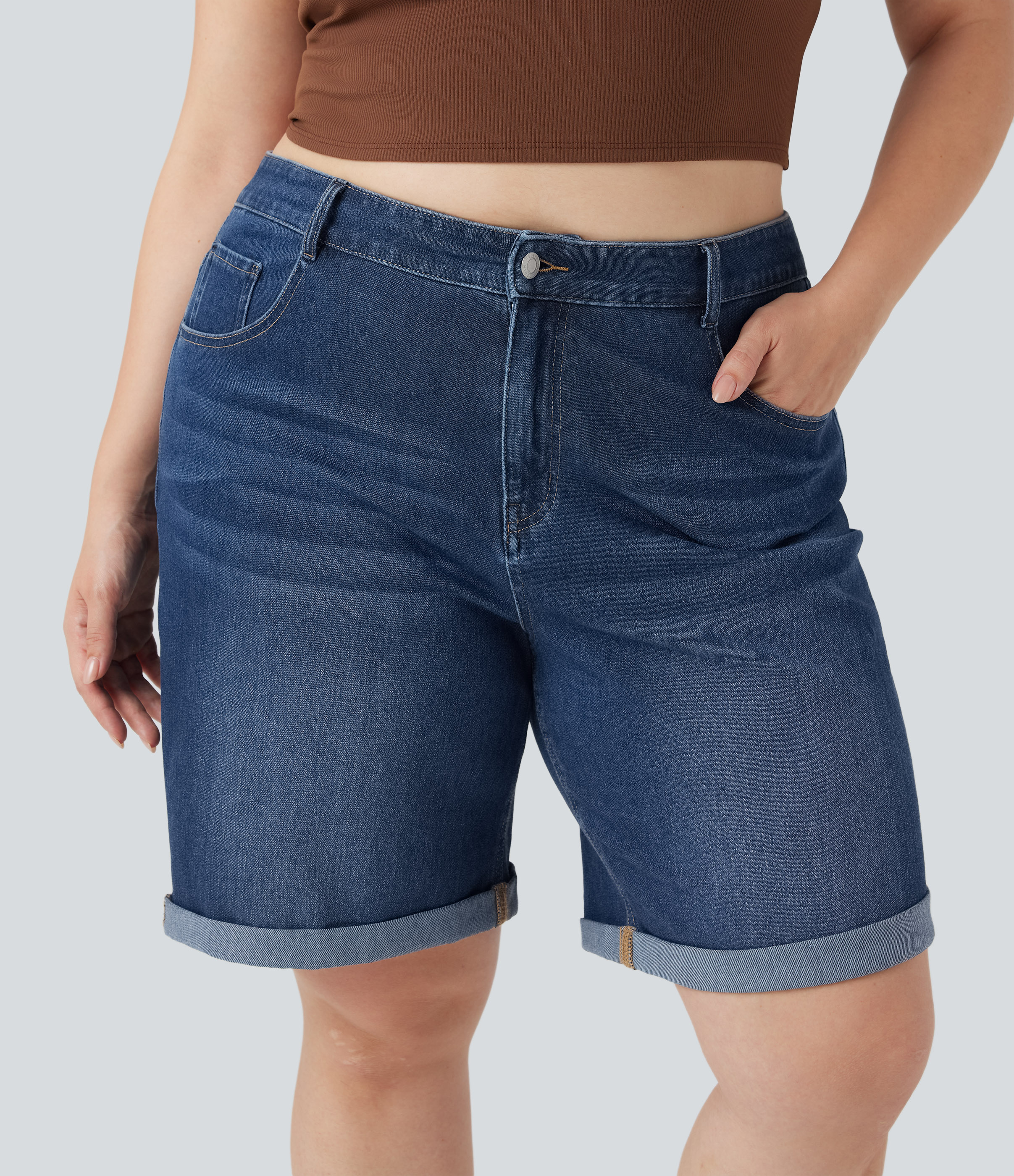 Halara Flex™ High Waisted Multiple Pockets Rolled Hem Washed Stretchy Knit Denim Casual Plus Size Bermuda Shorts