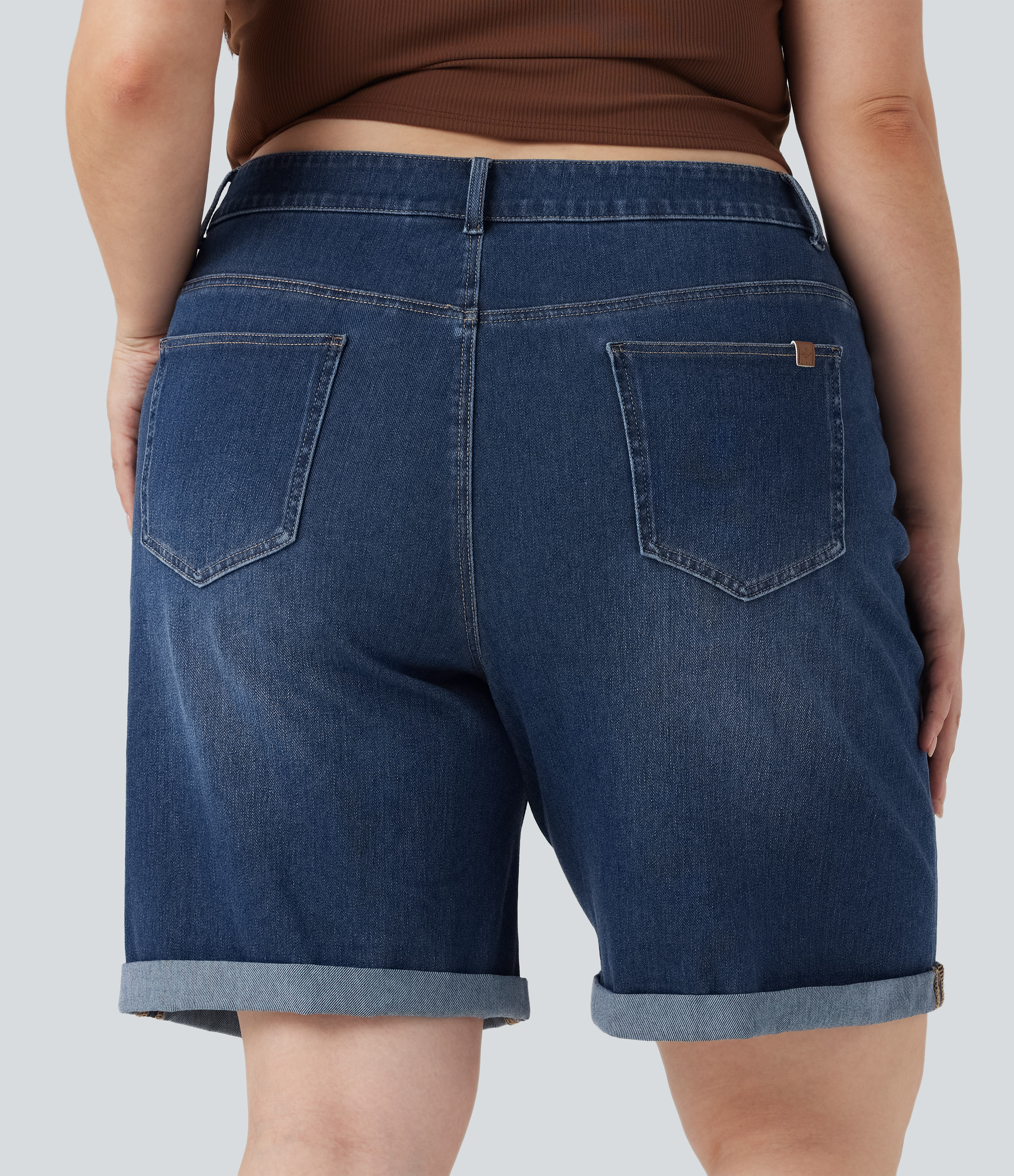 Inkling  Blue Denim Halara Flex™ High Waisted Multiple Pockets Rolled Hem Washed Stretchy Knit Denim Casual Plus Size Bermuda Shorts / 2