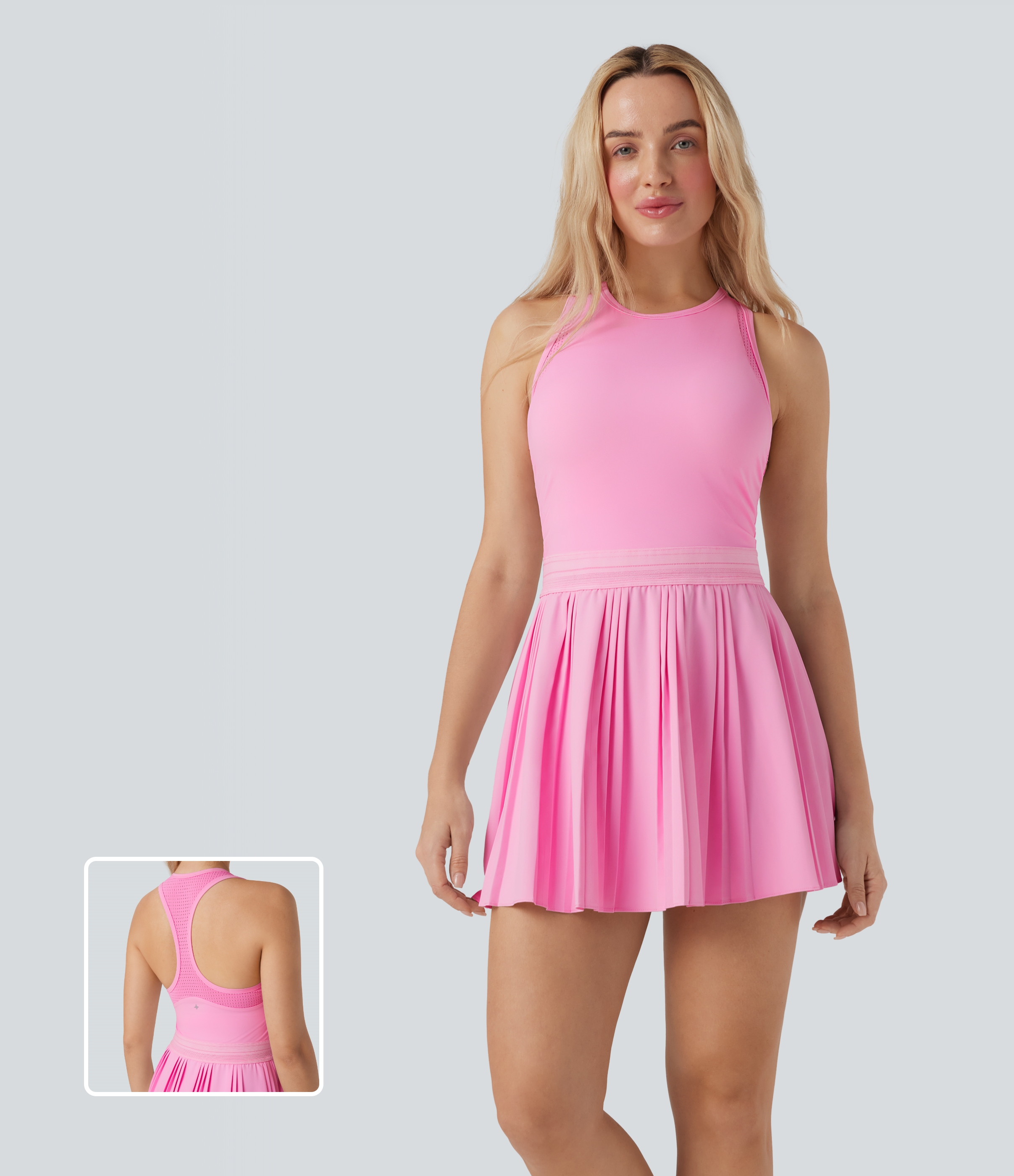 Halara – Plissiertes Tennis-Minikleid mit Racerback und Cut-Out – schnelltrocknend – Pink Frosting – XL