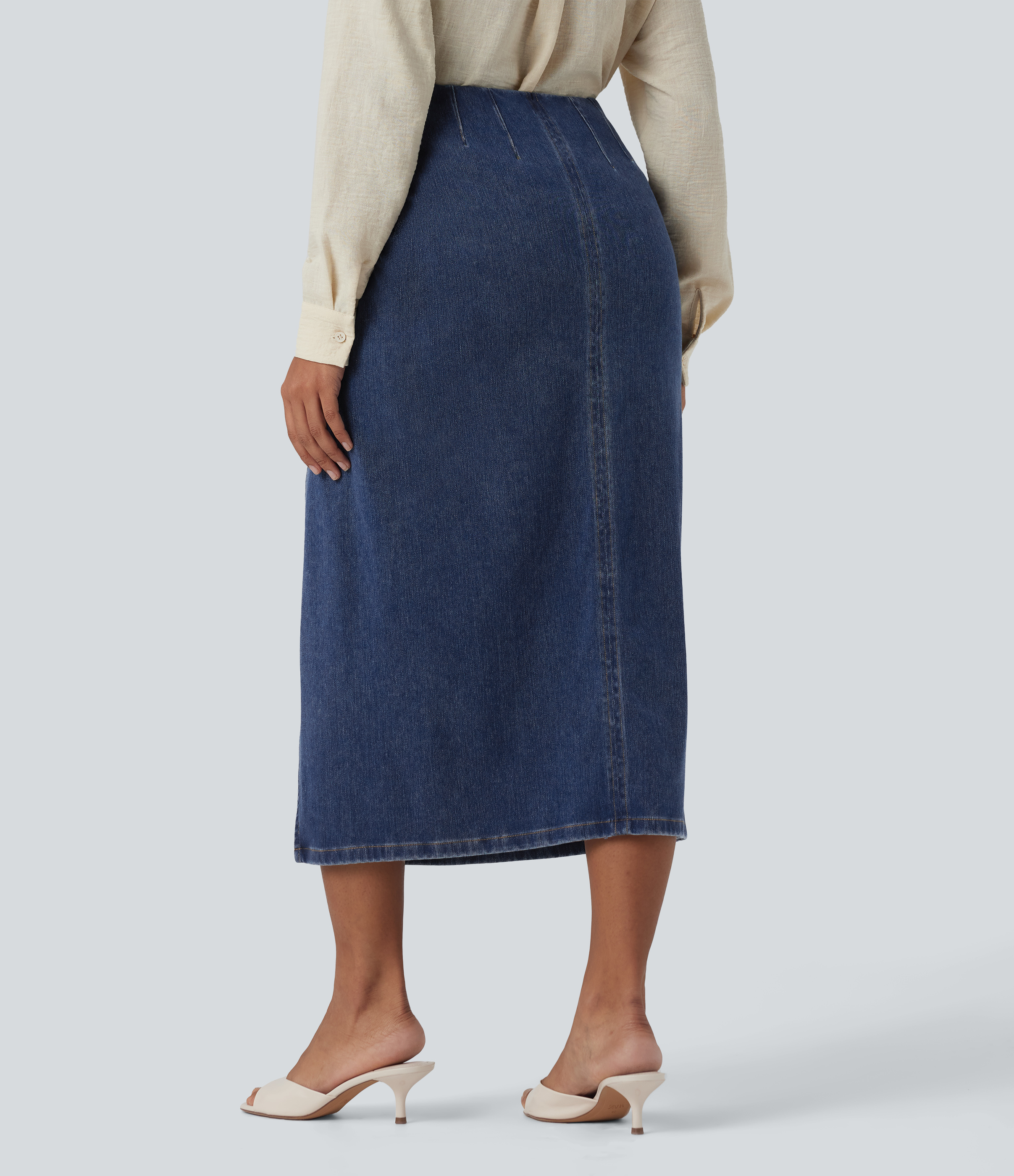 Tide Blue Denim Falda vaquera informal midi ajustada con abertura y cintura alta 2 en 1 de Halara Flex™ / 2