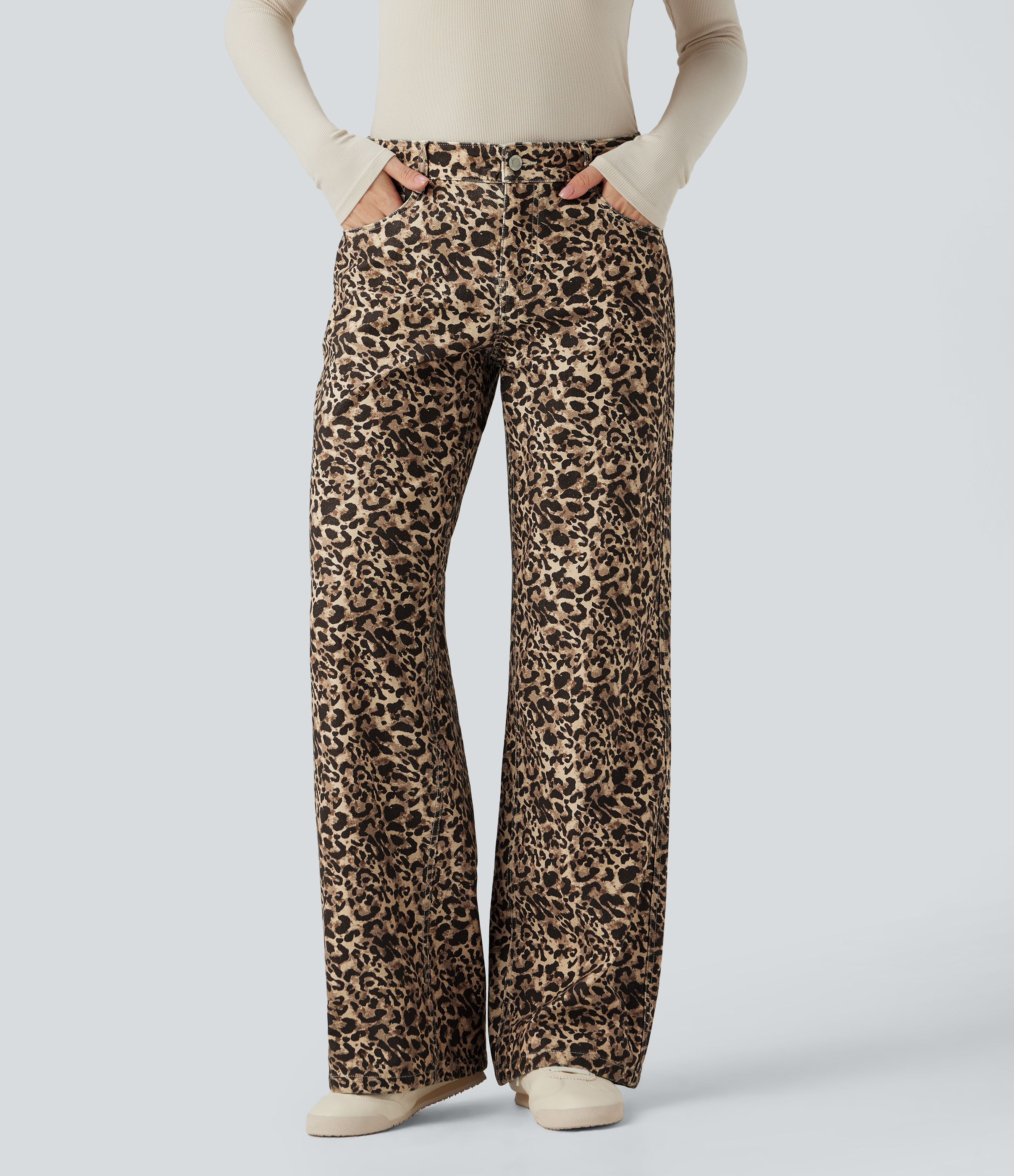 Halara Flex™ Leoprd Print Low Rise Wide Leg Casual Jeans with Pockets