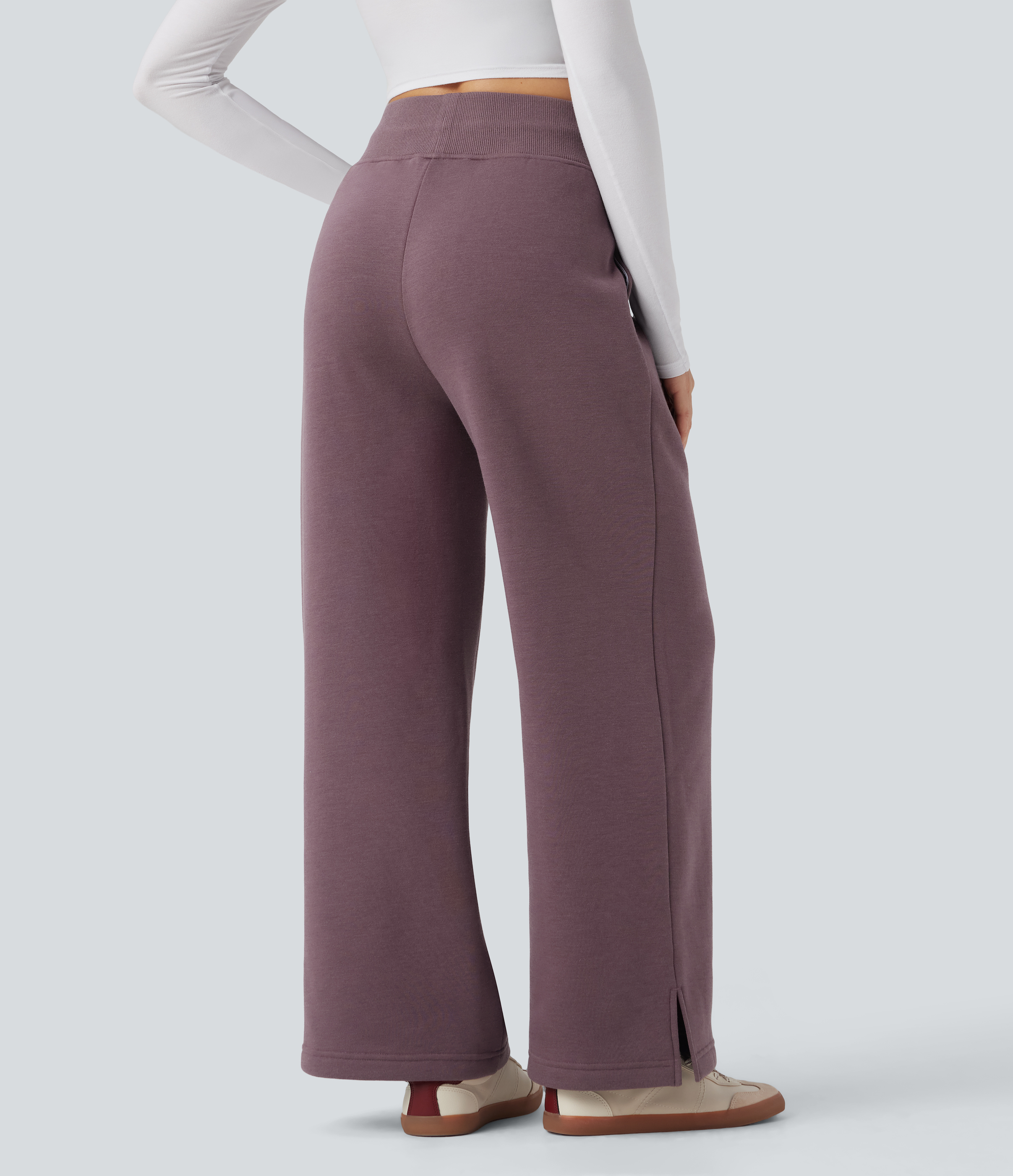 Flint Pantalones casuales rectos con polar de tiro alto con cordón ajustable, dobladillo dividido y bolsillos / 2