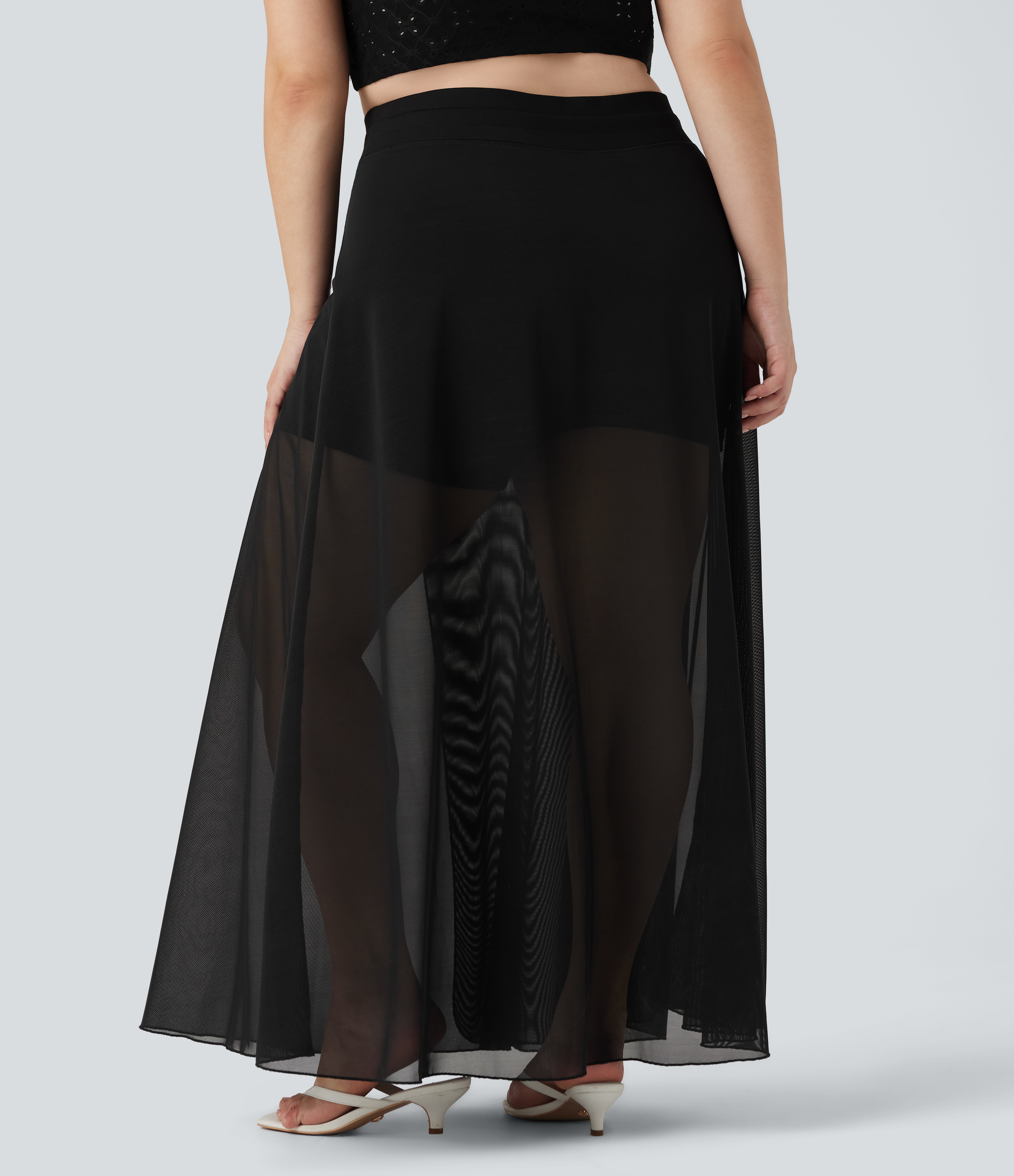 Noir Jupe maxi large 2-en-1 grande taille, taille haute, taille à cordon, en mesh contrastant, avec poches / 2