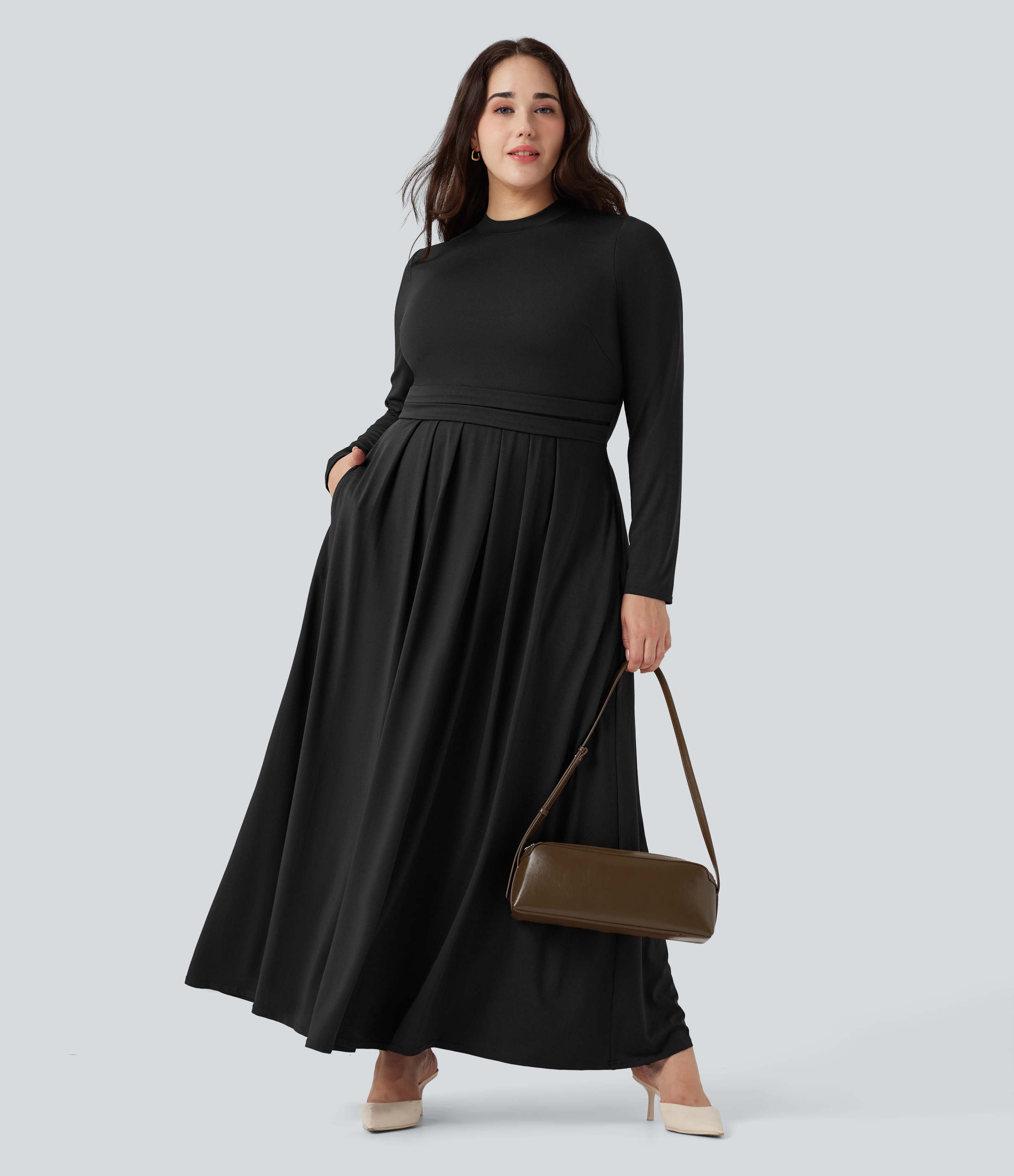 Femmes Robe décontractée maxi évasée grande taille col montant manches longues avec poches - Halara 