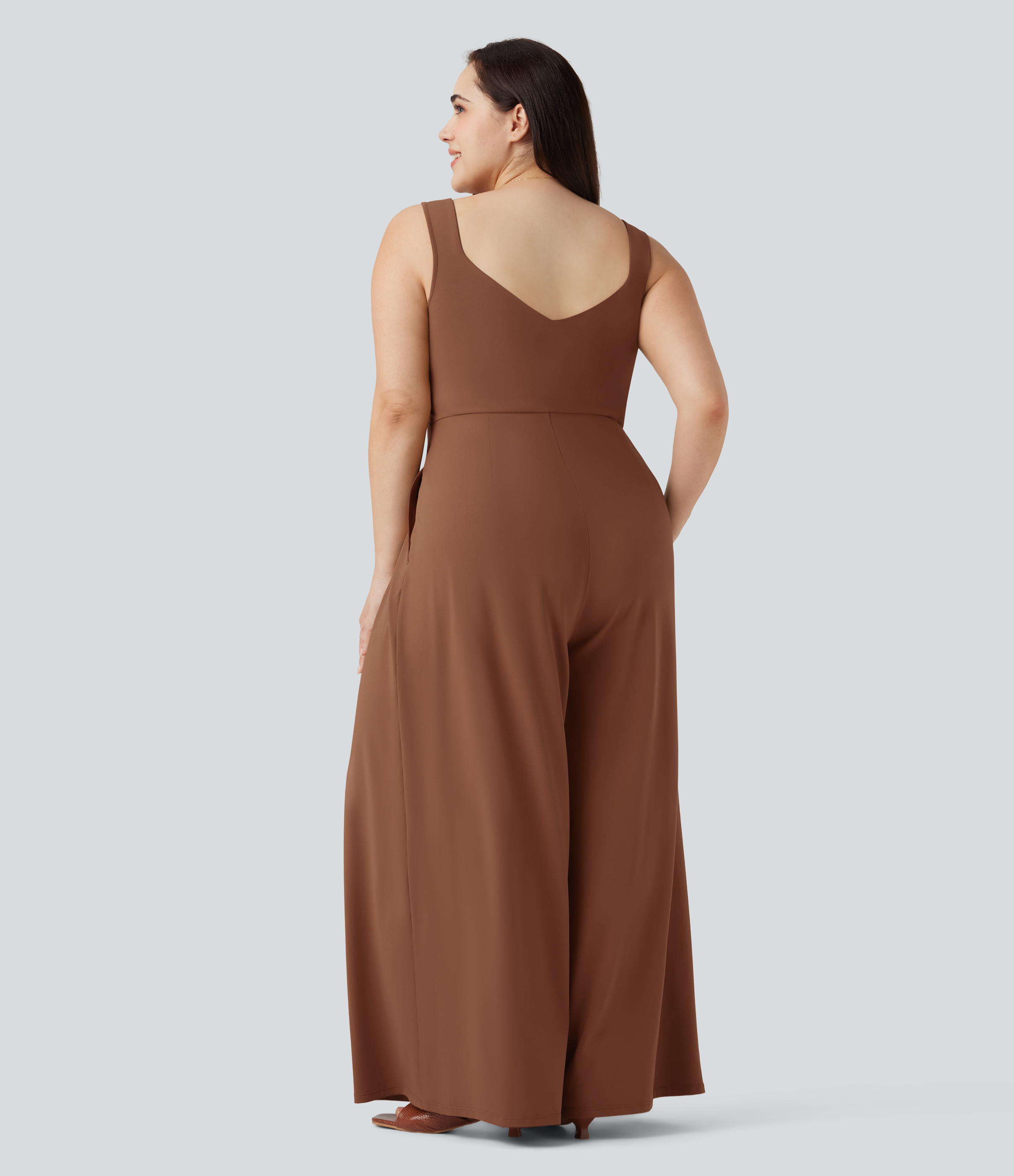 Rust Red Jumpsuit casual sin mangas con espalda en U y bolsillos en talla grande / 2