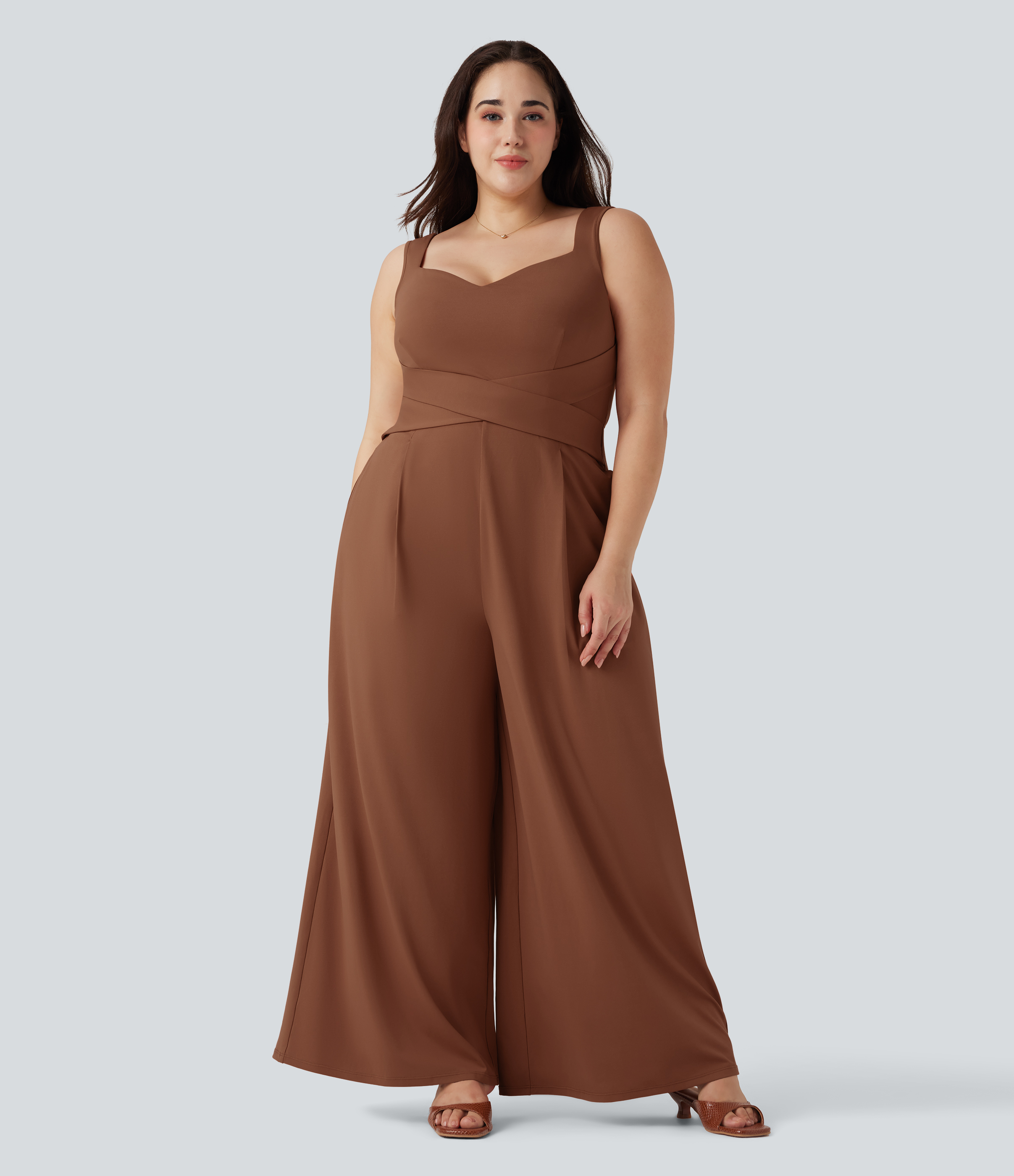 Combinaison décontractée grande taille dos en U sans manches avec poches