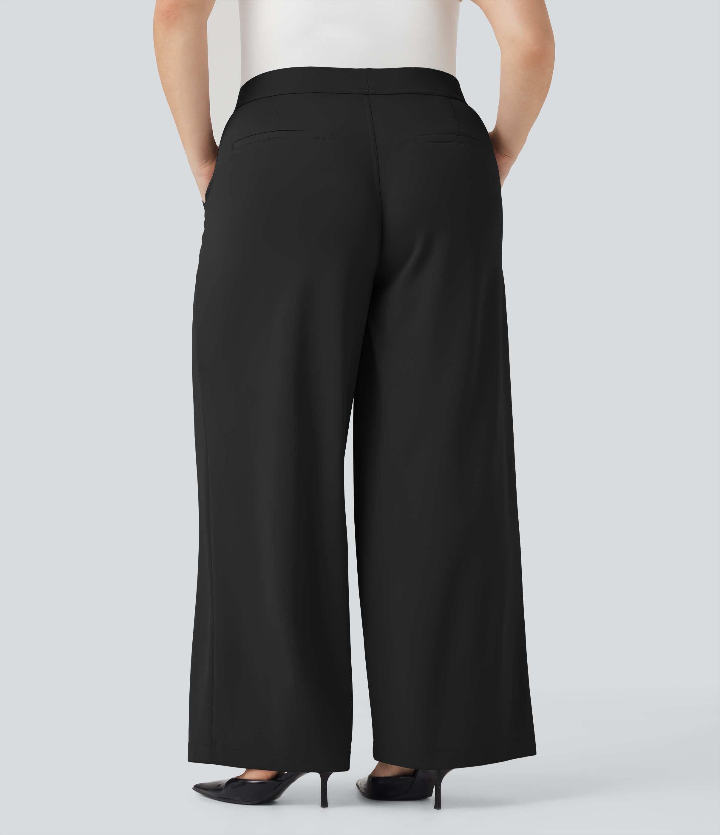 Negro Pantalones de oficina rectos Halara Flex™ de crepé de tiro alto con bolsillos en tallas grandes / 2