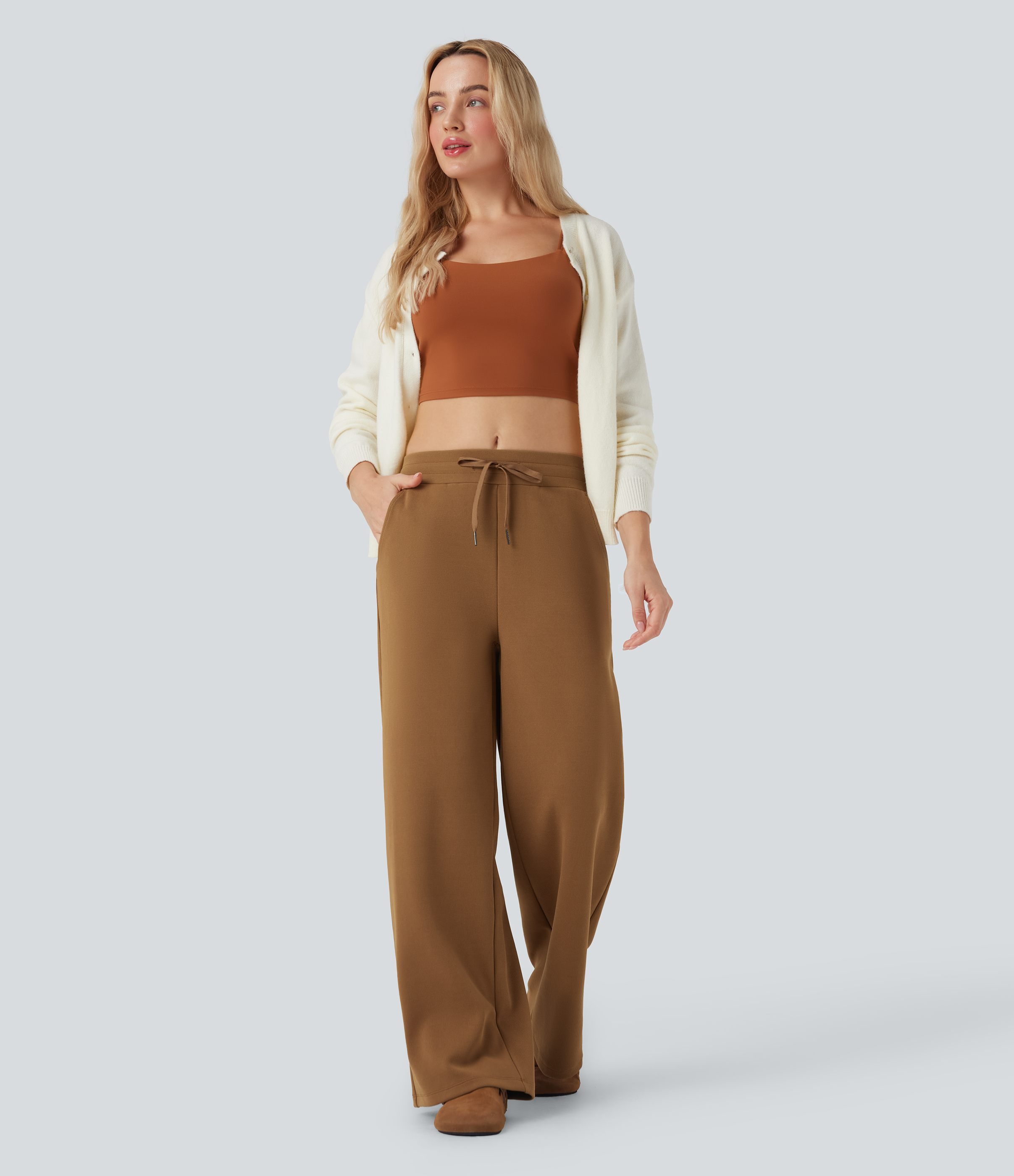 Mid Rise Drawstring Micro Waffle Baggy Casual Trousers with Pockets