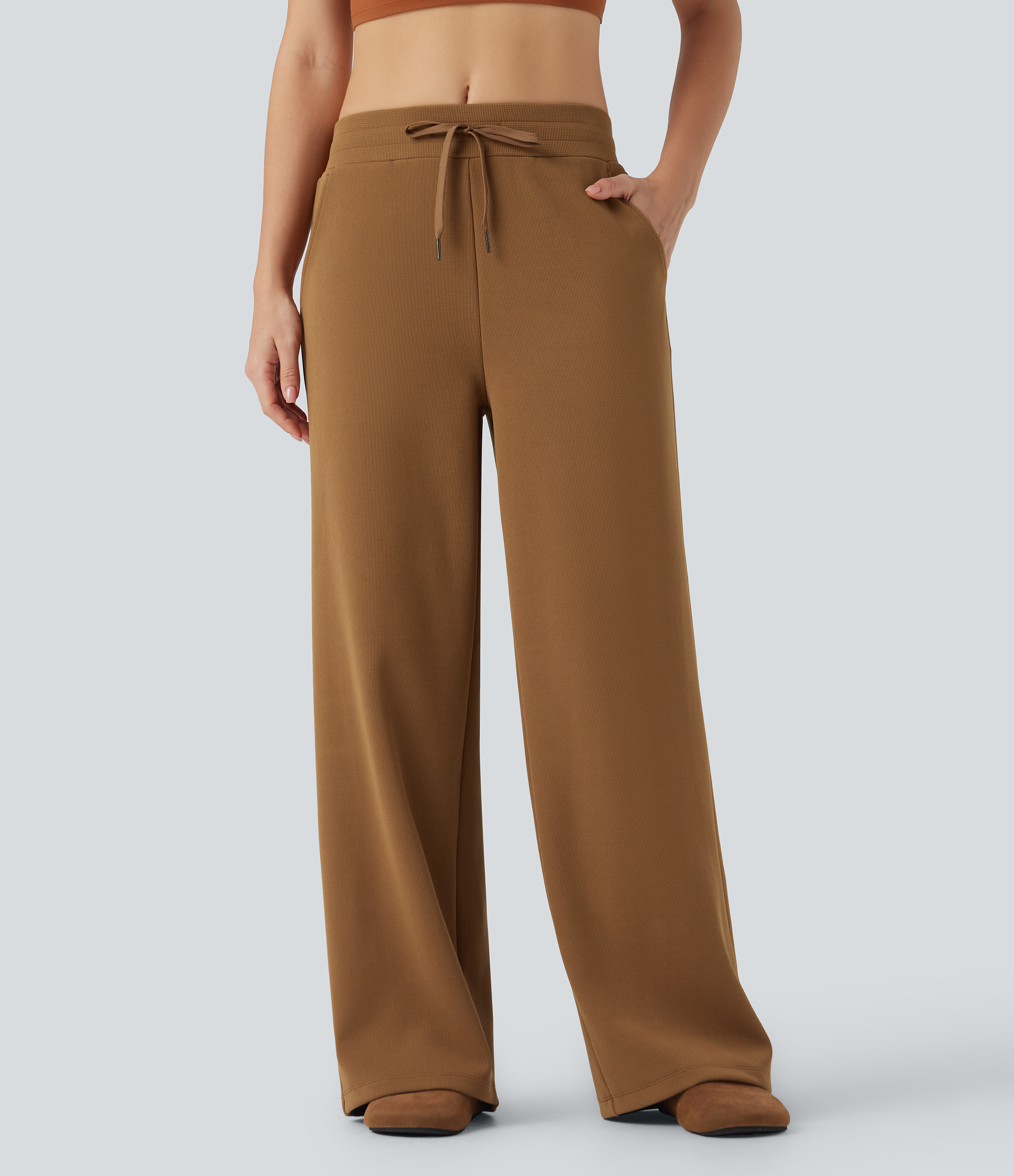 Beaver Fur Pantalones casuales holgados de tiro medio con cordón y bolsillo / 2