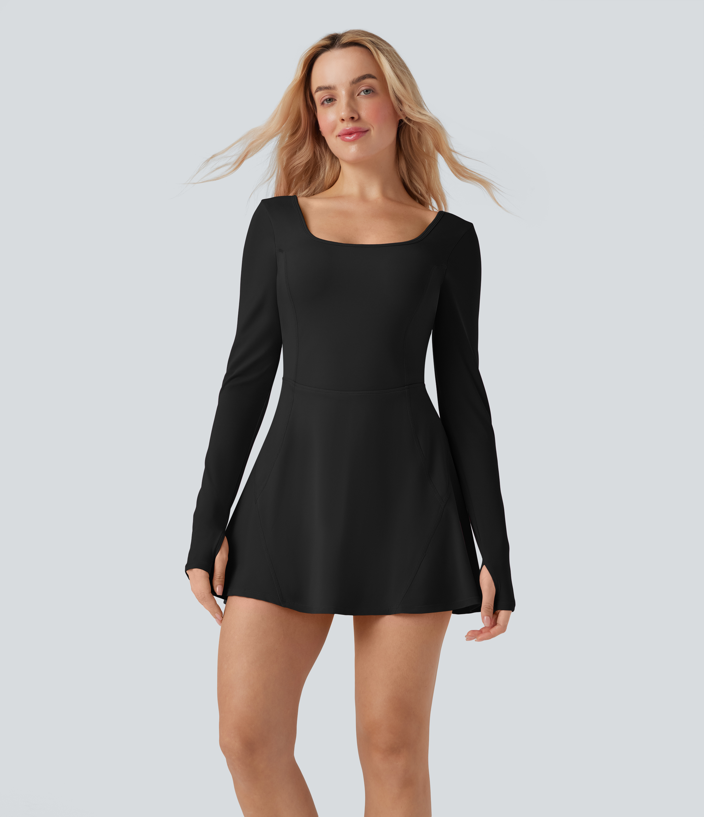 Negro Vestido corto deportivo SoftlyZero™ Airy 2 en 1 de manga larga con escote en U y abertura para el pulgar con tacto fresco y bolsillos - Easy Peezy / 2