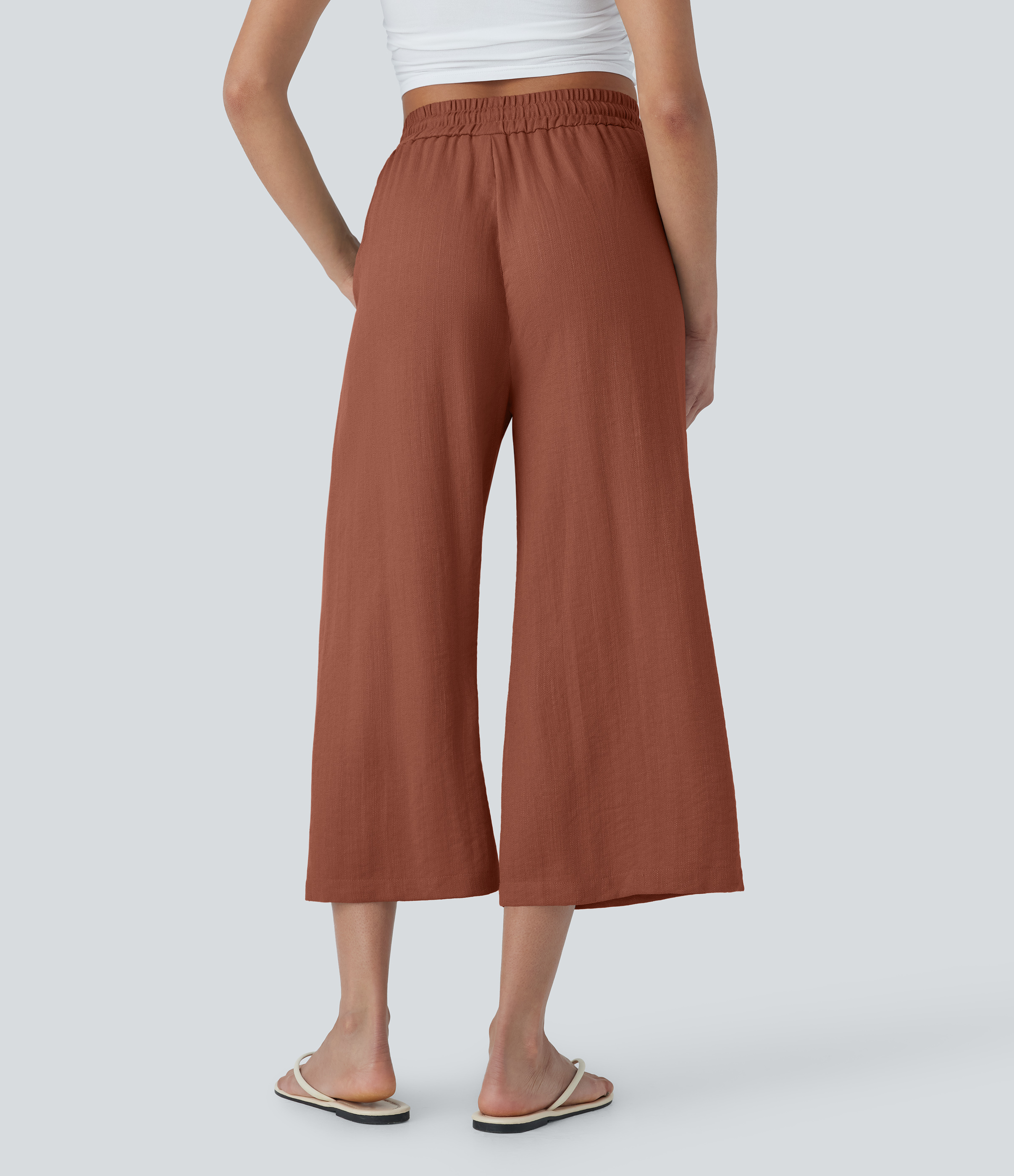 Sequoia High Waisted Drawstring Wide Leg Cropped Casual Linen-Feel Pants with Pockets / 2