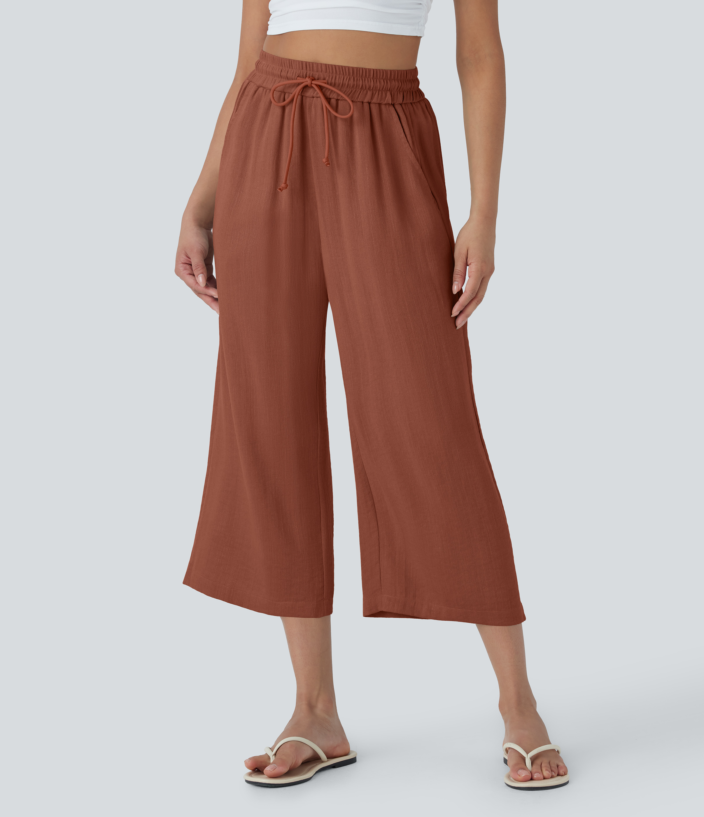 High Waisted Drawstring Wide Leg Cropped Casual Linen-Feel Pants with Pockets