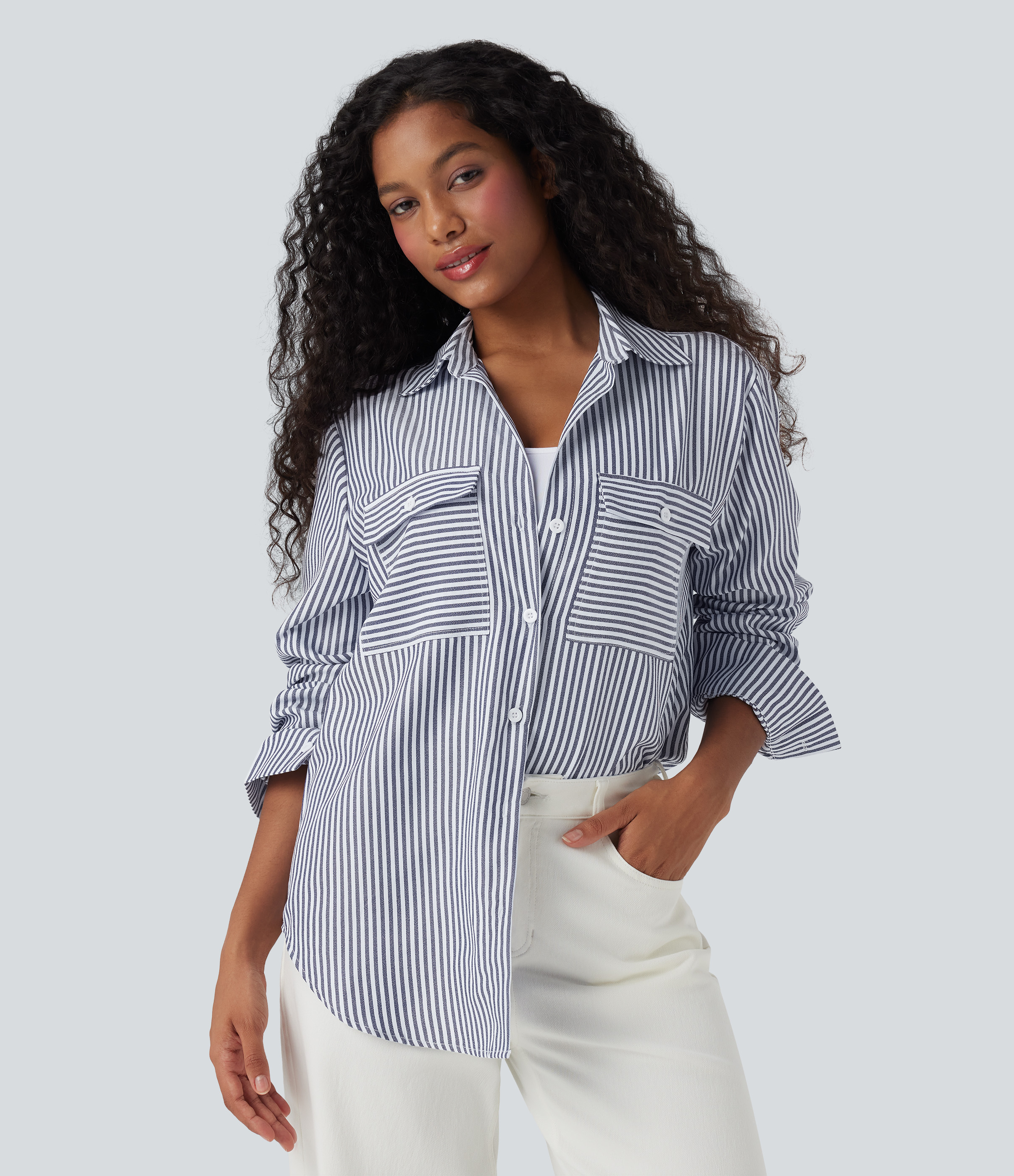 Seven Seas - Nautical Blue & White Stripes Long Sleeve Stripe Curved Hem Casual Shirt / 1