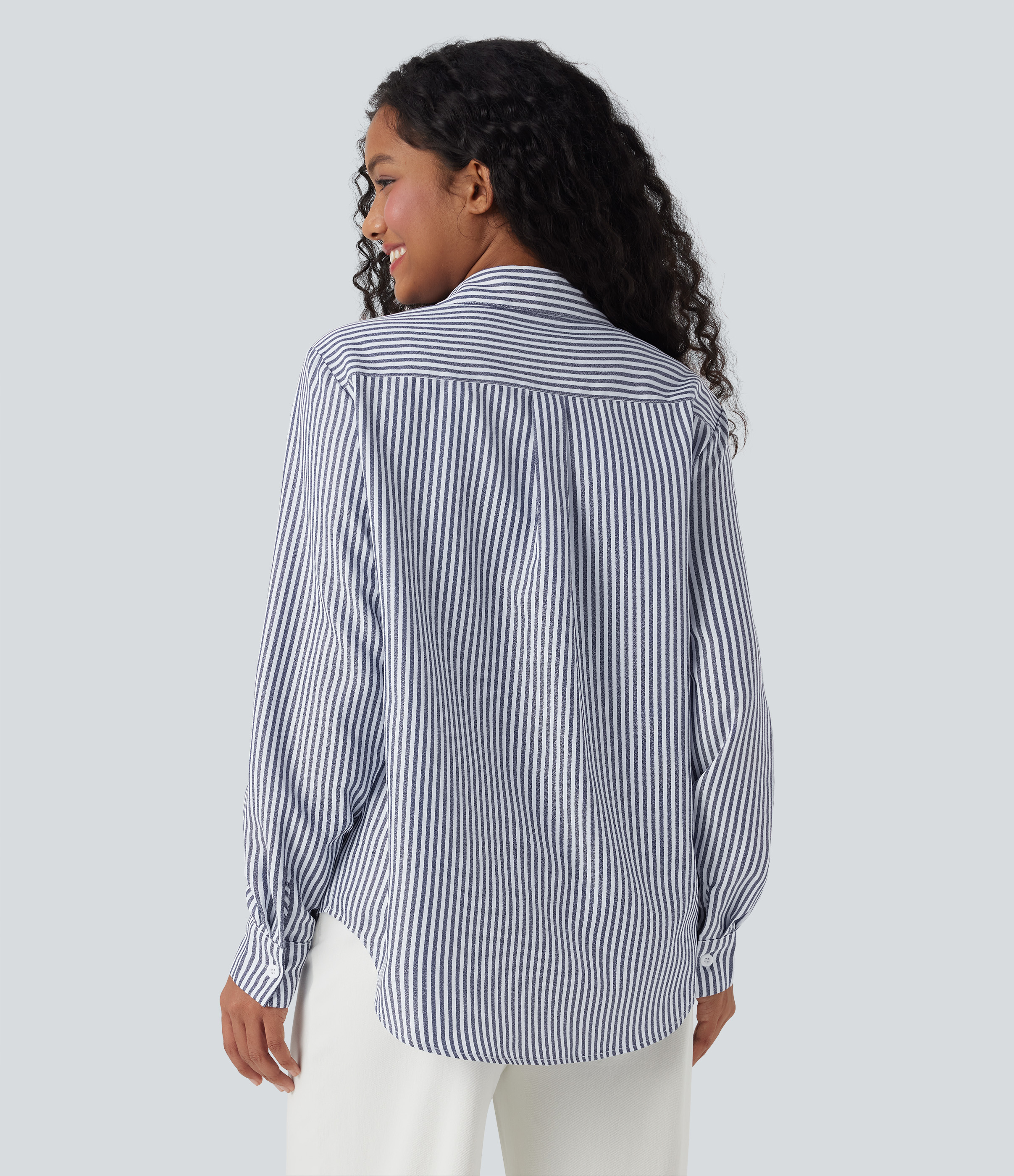 Seven Seas - Nautical Blue & White Stripes Long Sleeve Stripe Curved Hem Casual Shirt / 2