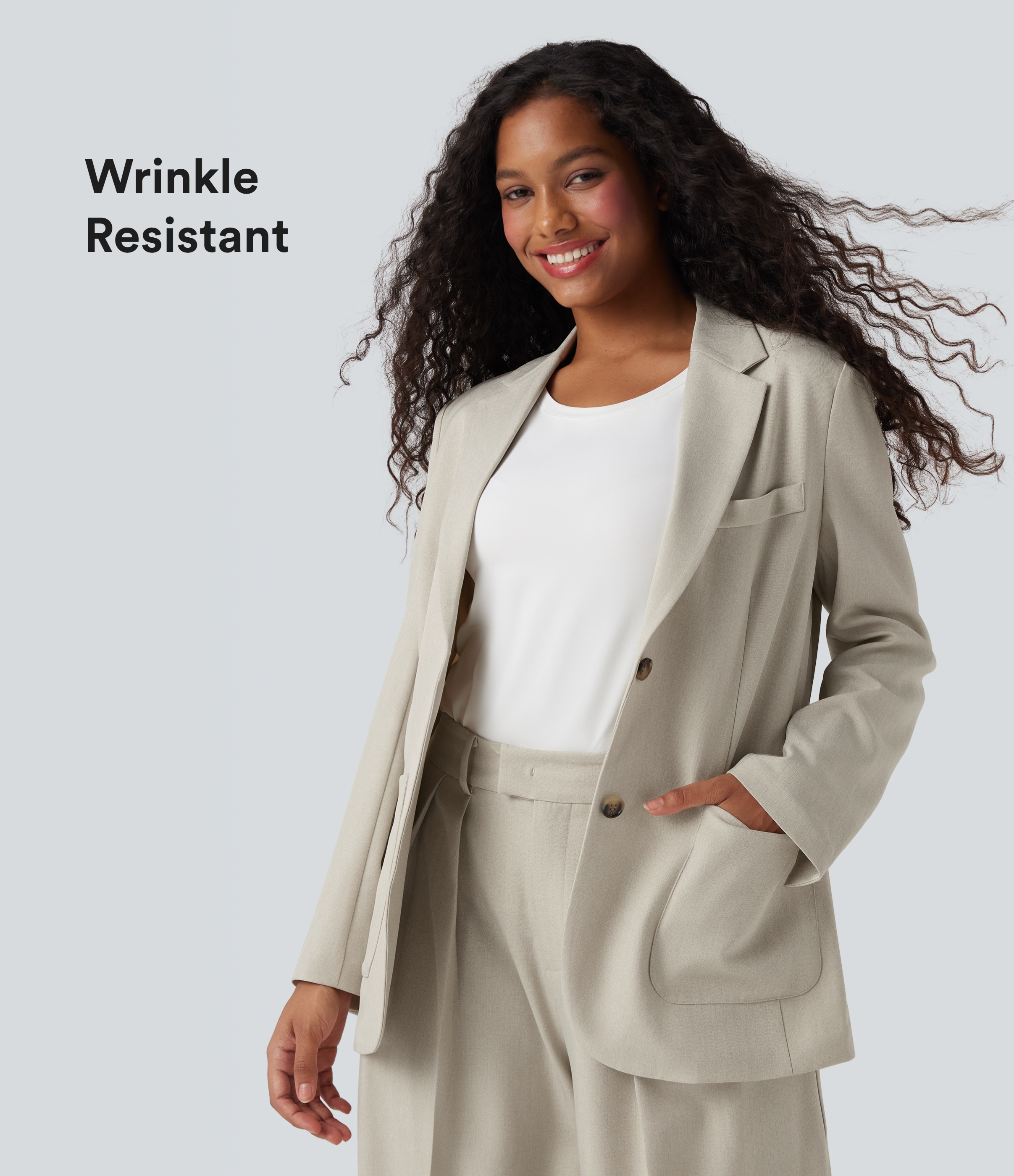 Blazer mit Leinen-Feeling, Seitentaschen, langen Ärmeln und Kragen