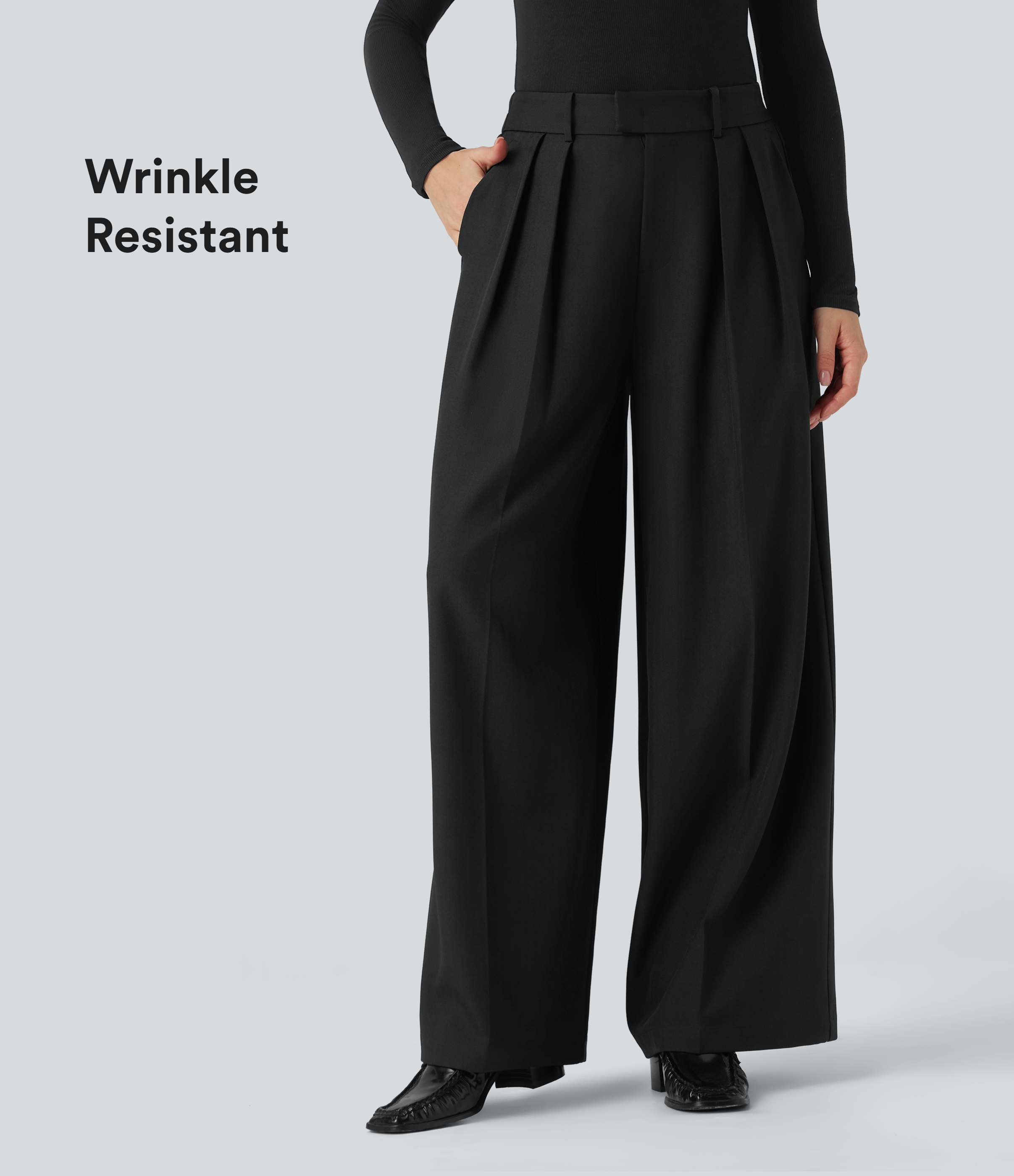 Black Pantalones de oficina anchos antiarrugas de lino con tiro alto y bolsillos / 1