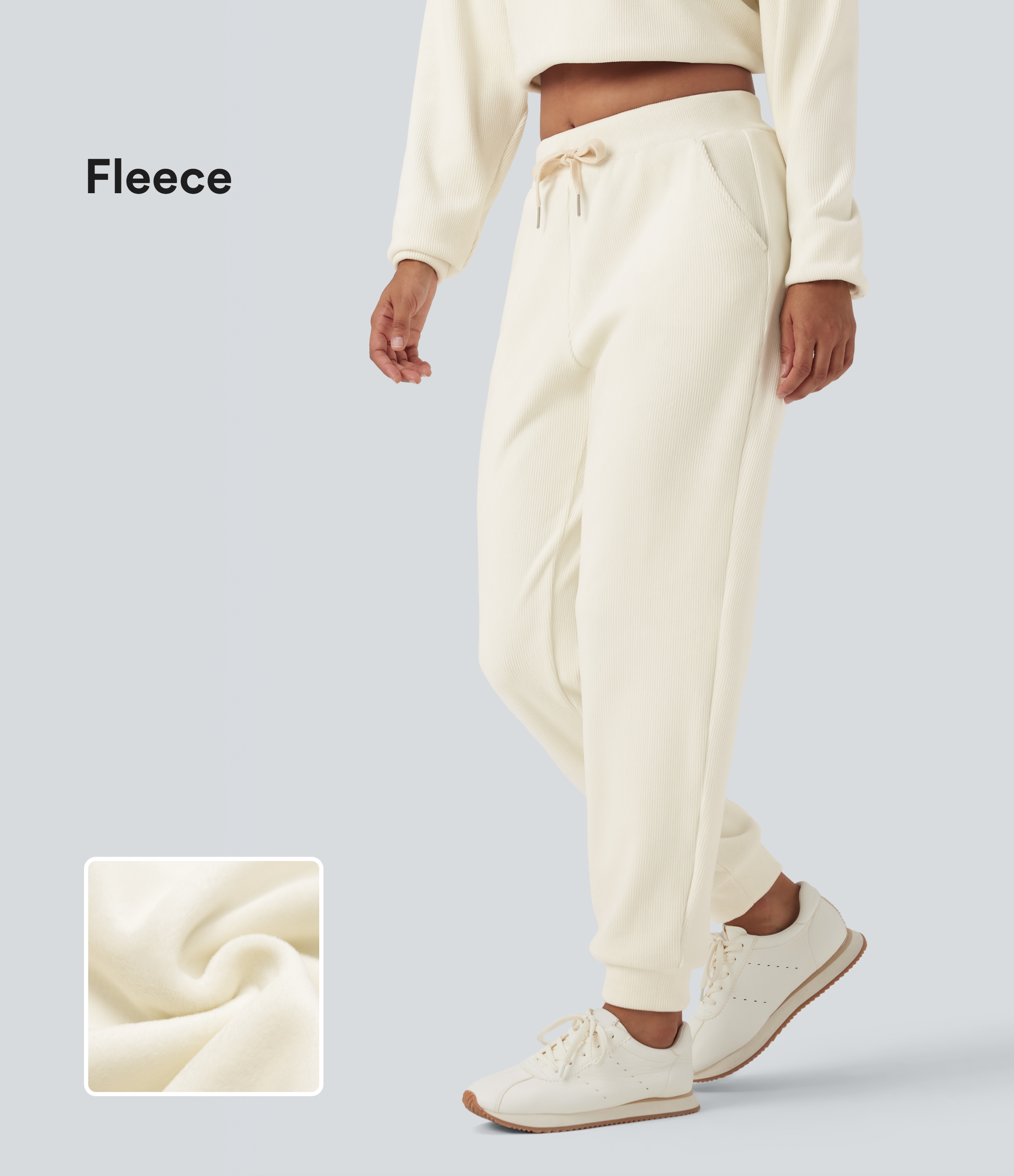 Ribbed Knit Mid Rise Drawstring Tapered Fleece Casual Joggers with Pockets