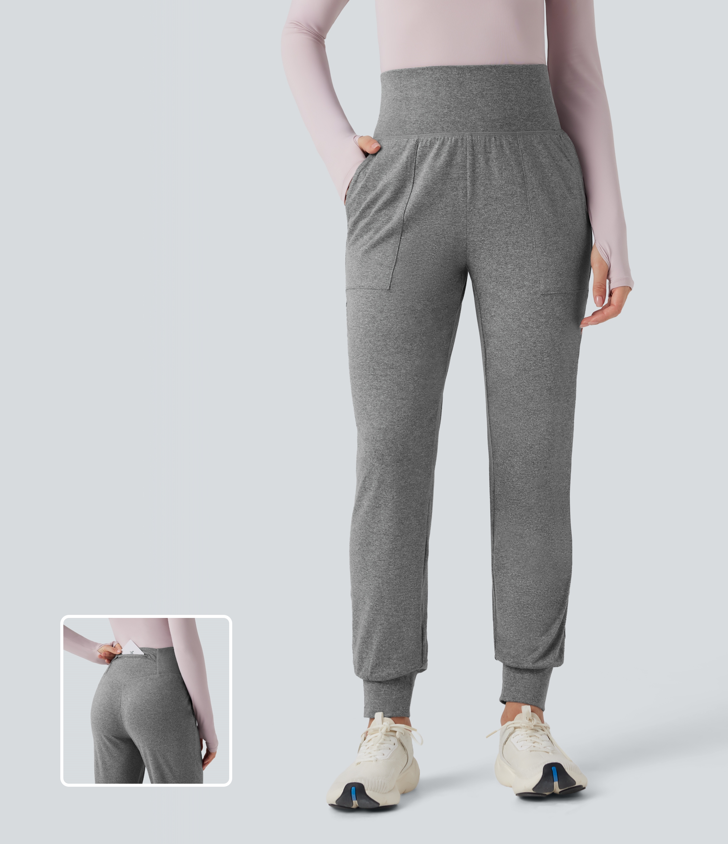 Mottled Light Grey Pantalones de yoga ajustados de tiro alto con bolsillos / 1