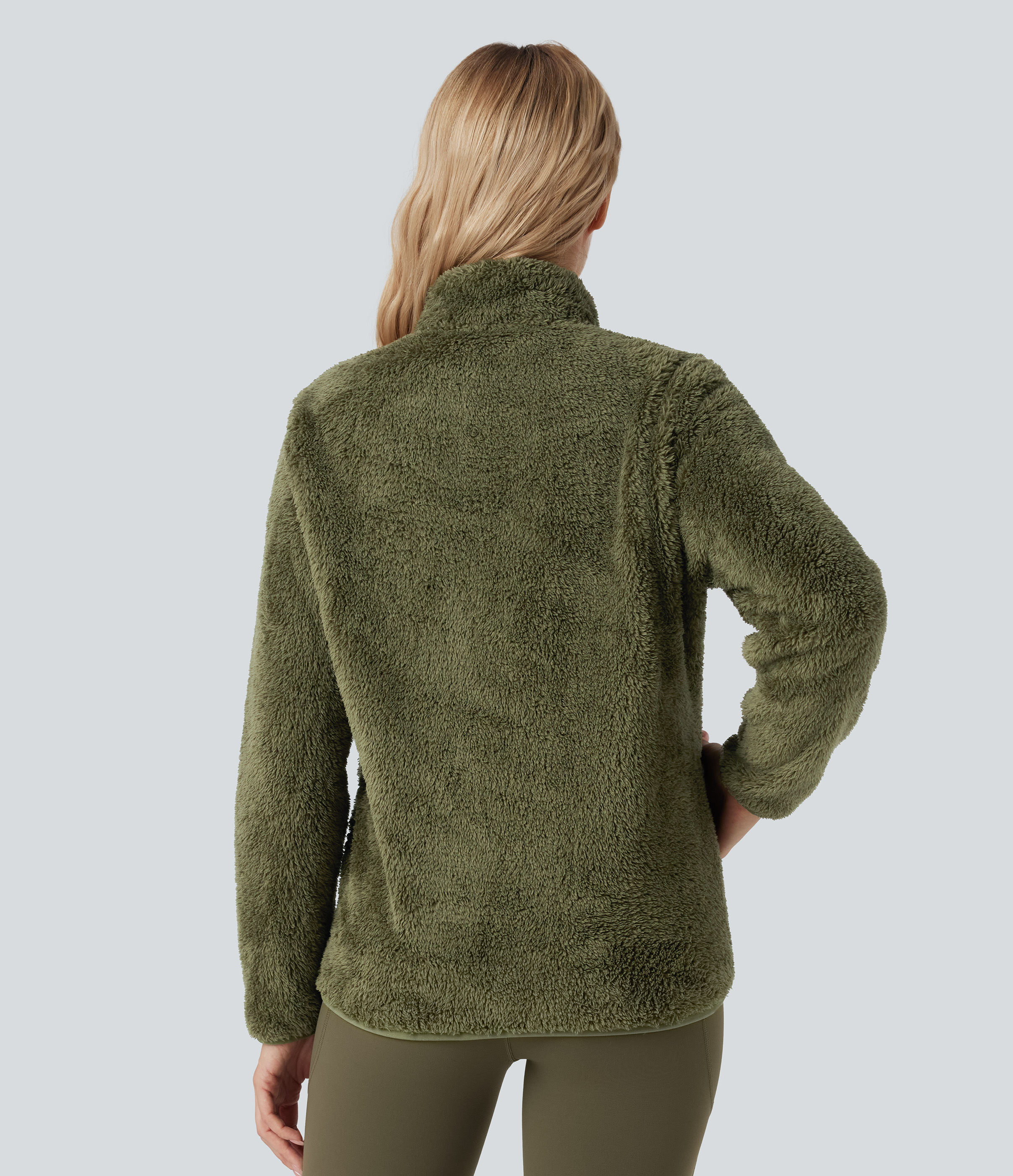 Moss Green Chamarra casual de sherpa con cuello alto, manga larga y bolsillos / 2