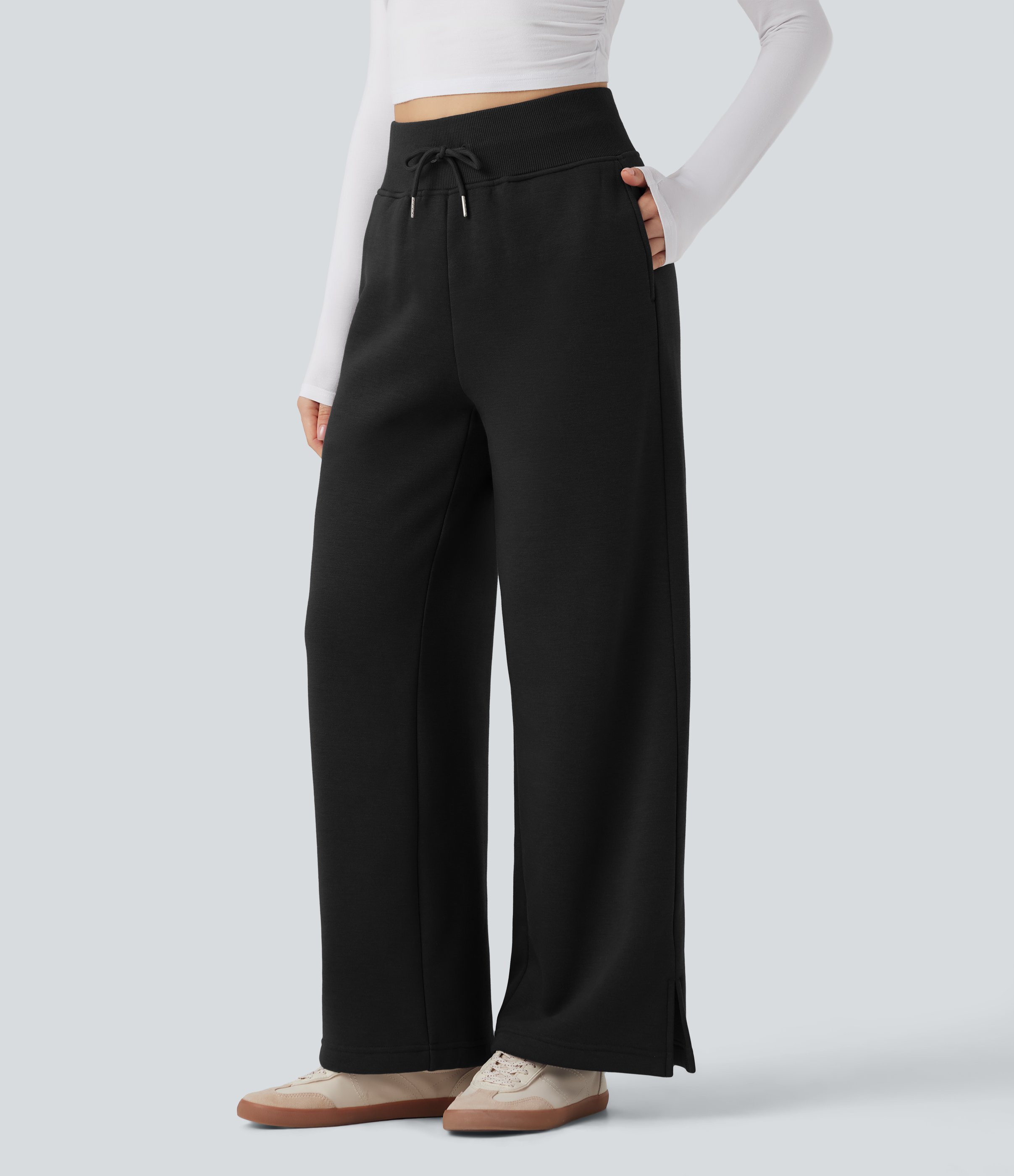 High Waisted Drawstring Split Hem Wide Leg Casual Fleece Trackpants with Pockets