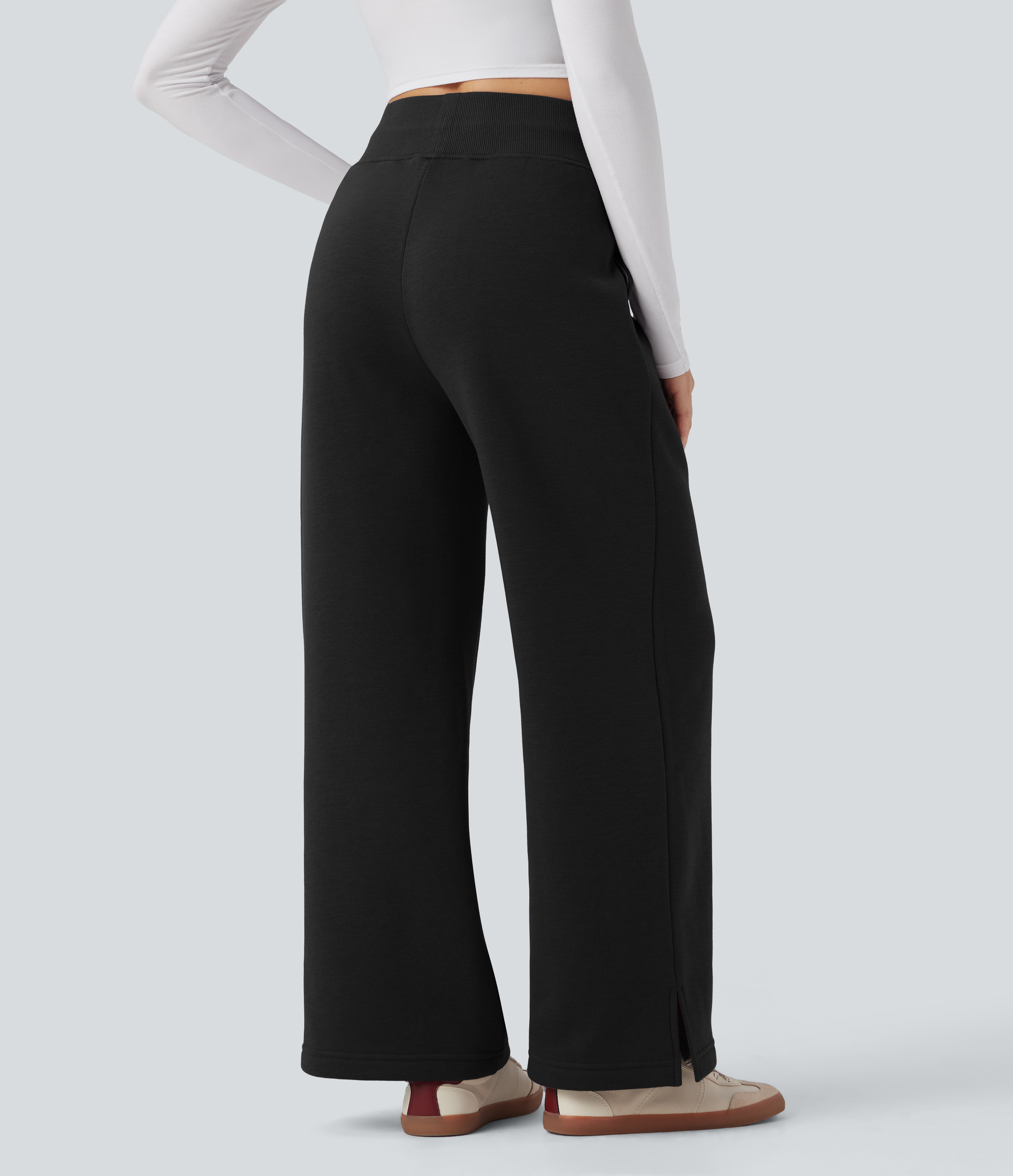 Black High Waisted Drawstring Split Hem Wide Leg Casual Fleece Trackpants with Pockets / 2
