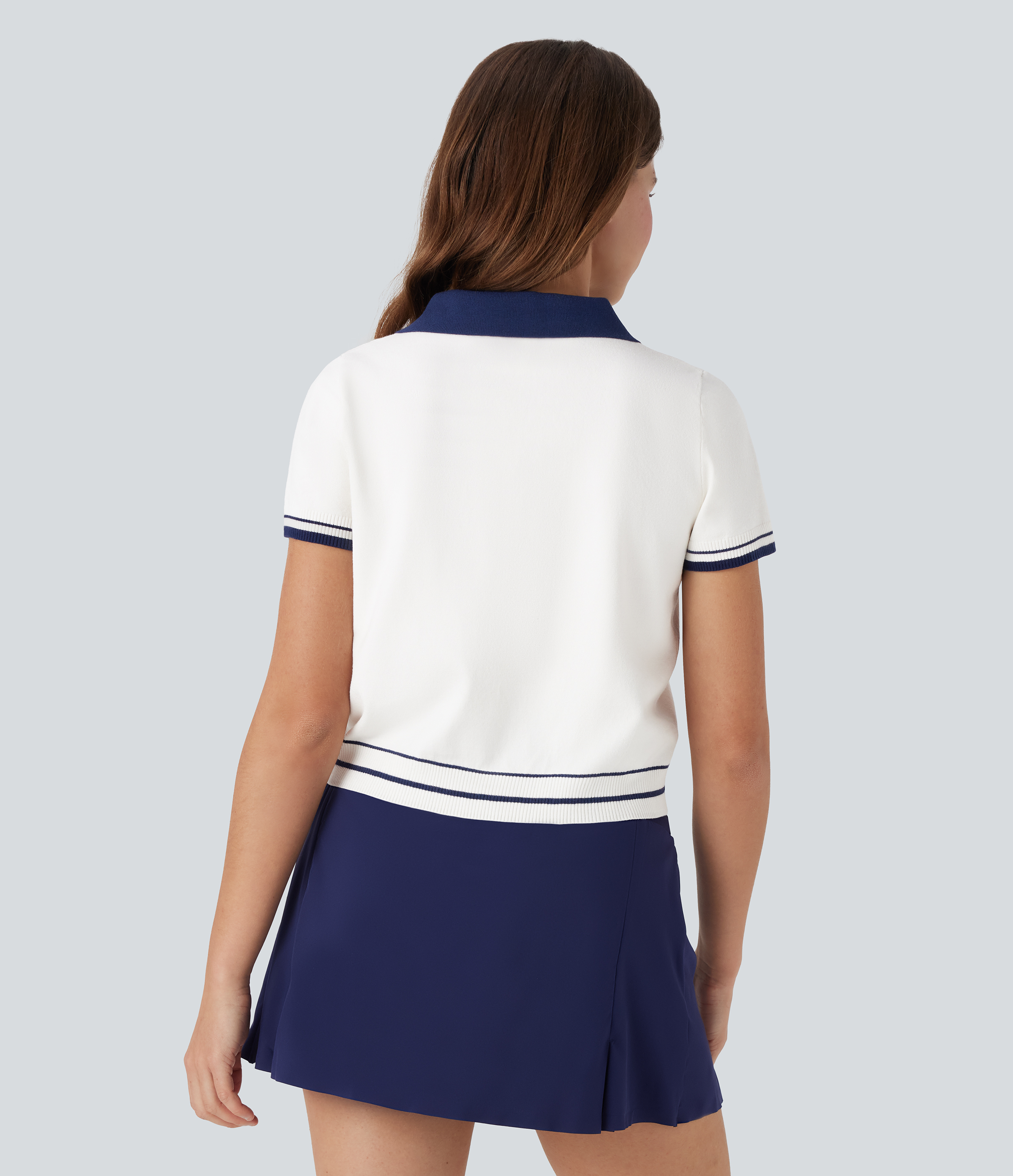 Weiß Polo Kurzarm Casual Strickoberteil mit Knopfleiste / 2