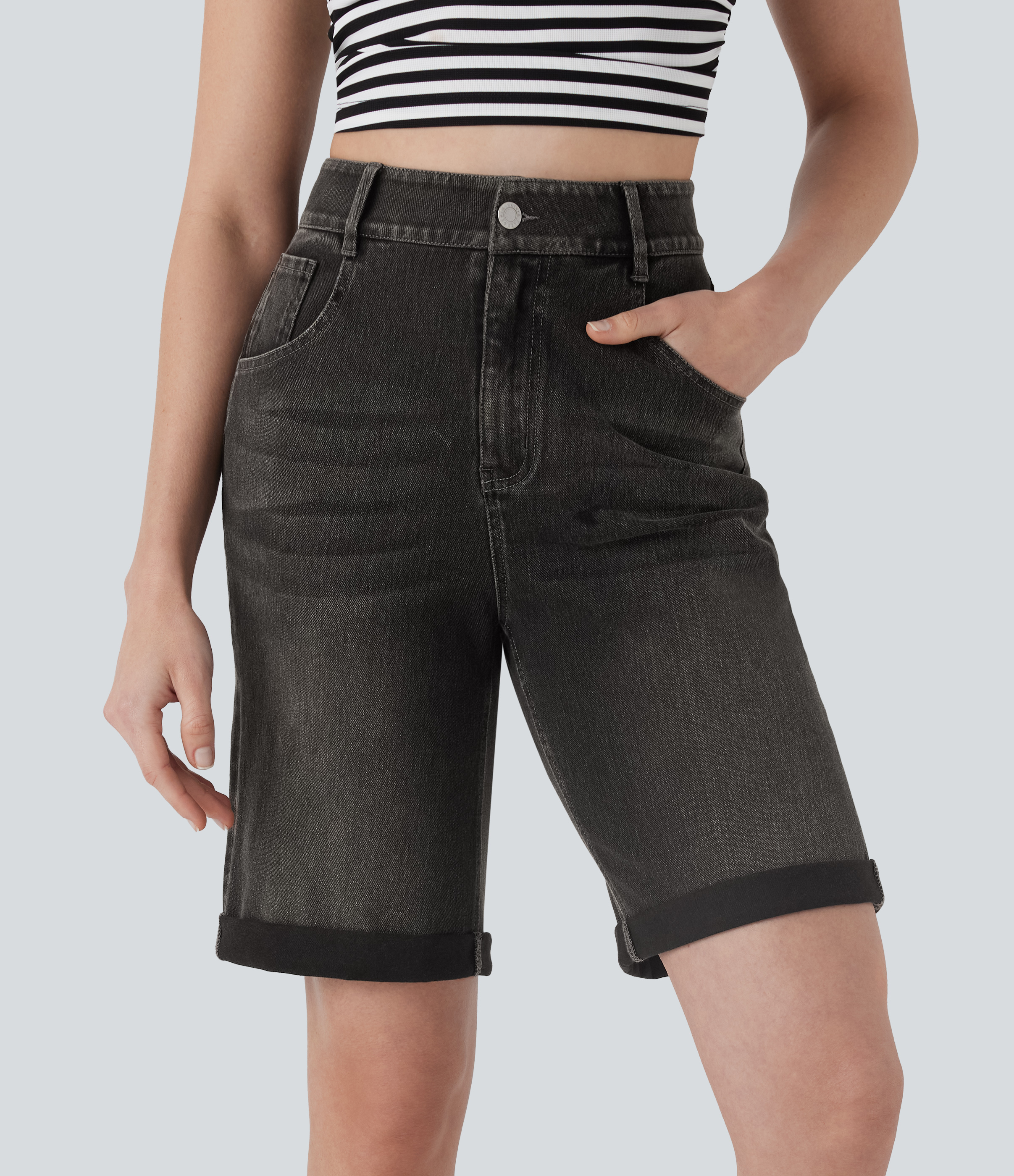 Halara Flex™ High Waisted Pockets Rolled Hem Washed Denim Casual Bermuda Shorts